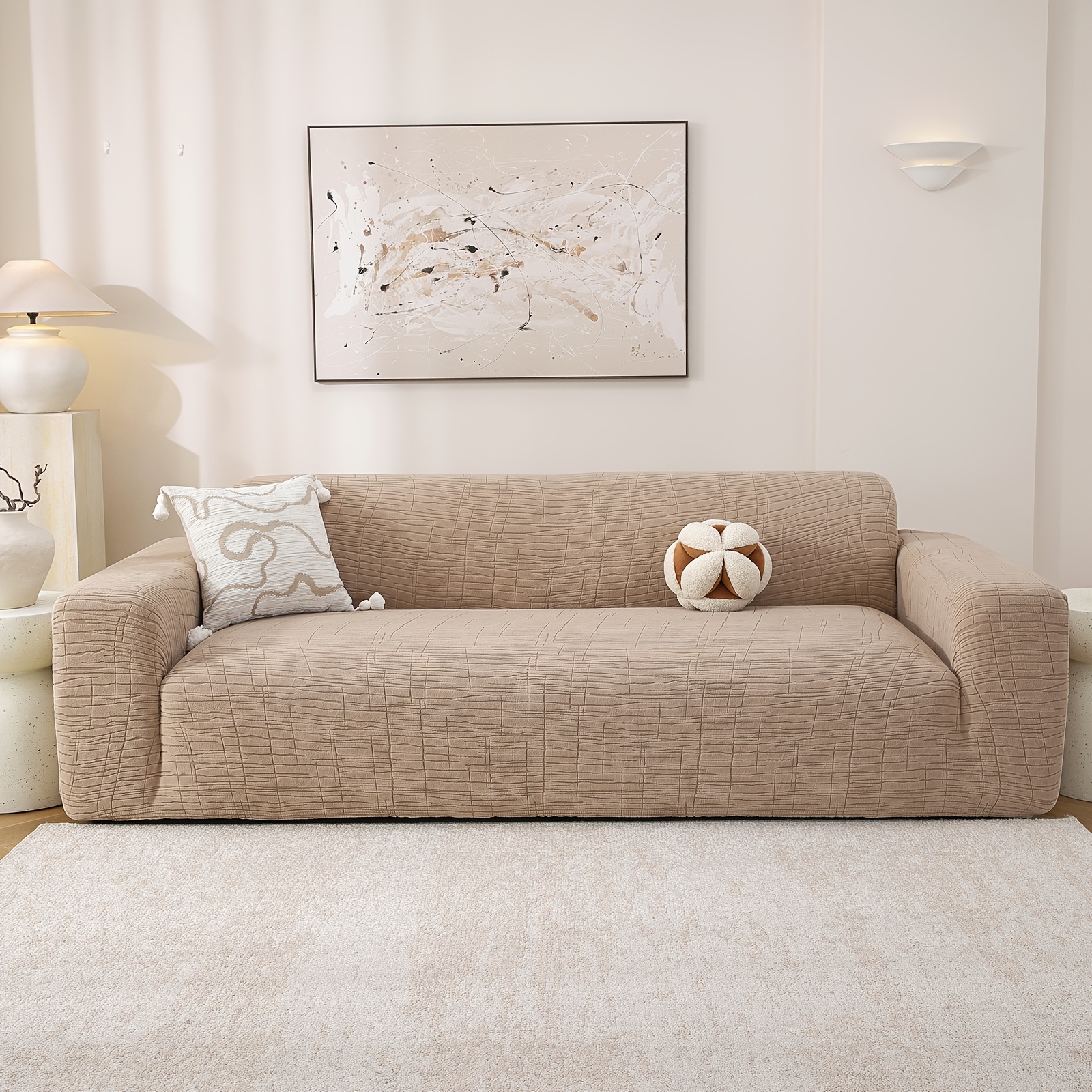 TEMU de sofá elástica con jacquard geométrico, protector universal para sofá completo para todas , de color sólido resistente a arañazos de gatos,