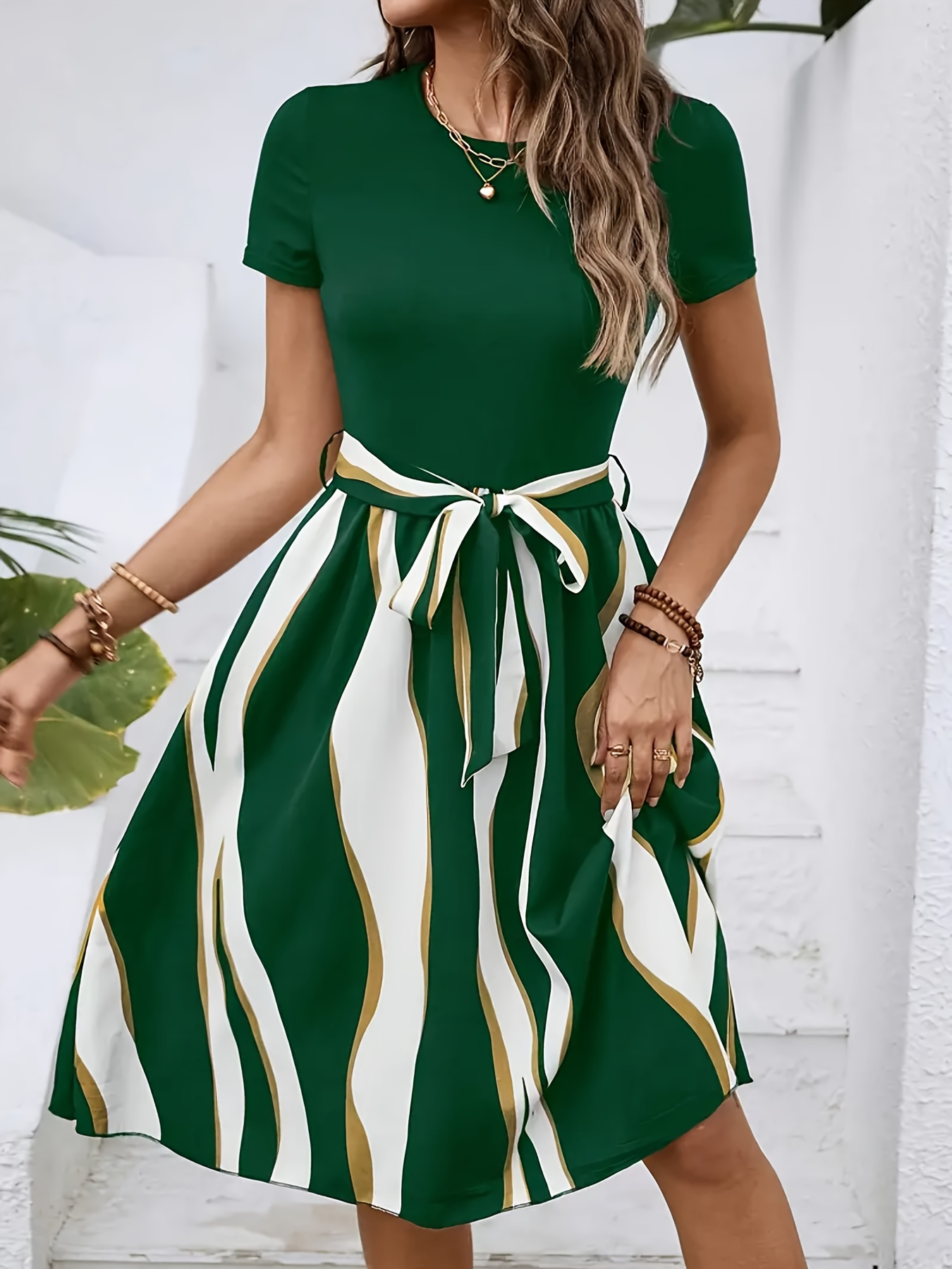 womens stylish geometric print midi dress tie waist green - Temu Mauritius