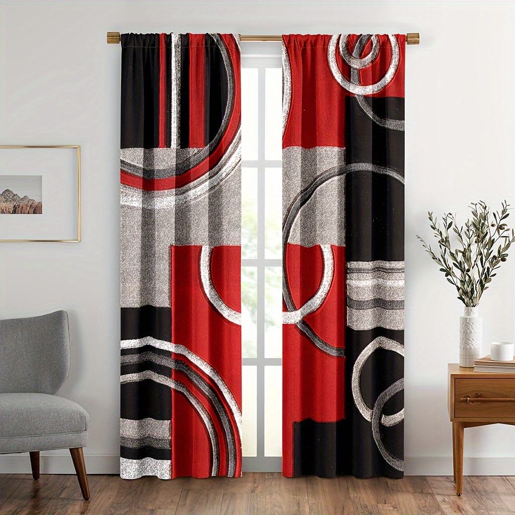 

2pcs Pattern Curtains, Rod Pockets Window Treatment, Suitable For Living Room Bedroom Decor, Red White Gray Black Curtains