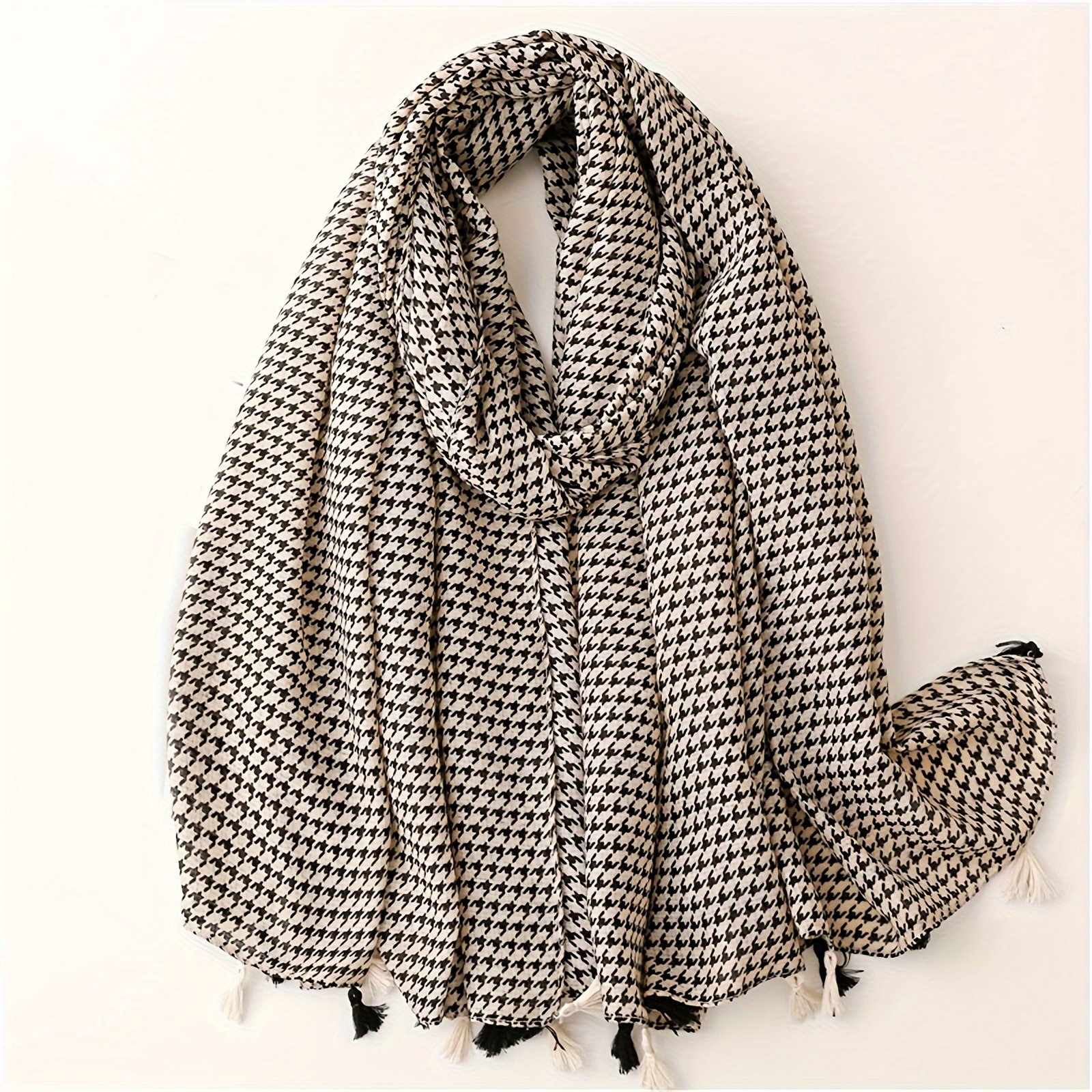 

Black White Houndstooth Scarf Thin Breathable Tassel Shawl Casual Windproof Travel Scarf For Women