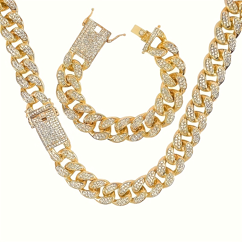 TEMU Hip Hop Street Golden Cuban Chain Two-piece Set (necklace, Bracelet), Valentine's Day Gift For Boyfriend, Father's Day Birthday Gift, Graduation