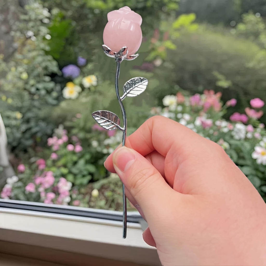 Image of 1pc Natural Stone Pink Rose Quartz Rose Flower Silvery Branch Leaves Decor Holiday Gift Loose Gemstone