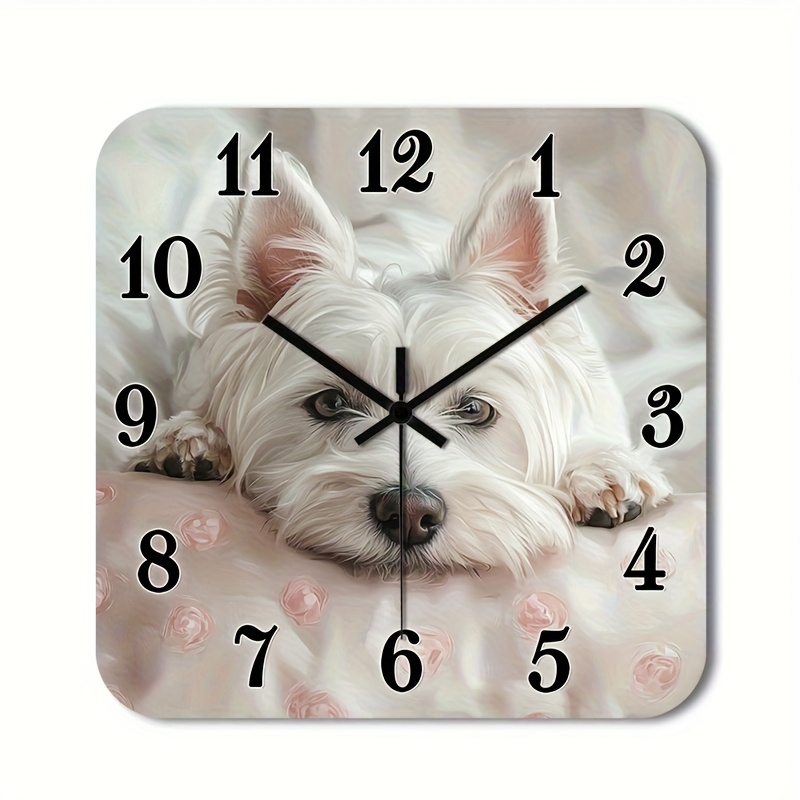 TEMU () 1pc Silent Wall Clock Non-ticking Wooden, Decorative Square Clock Hd Glossy Lamination Finish West Highland With Floral Background Design For