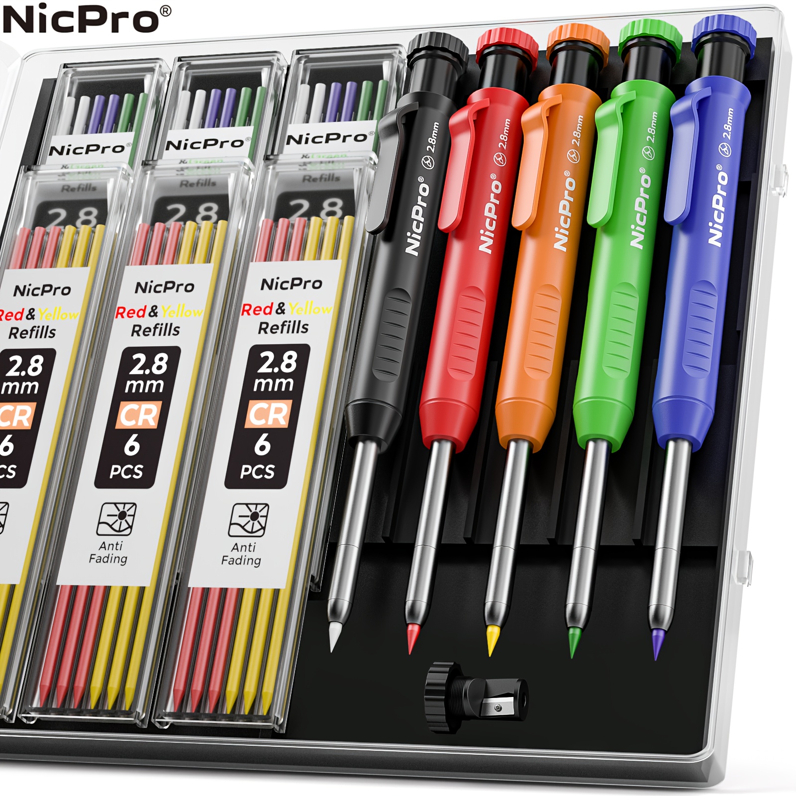 

5 Pack Carpenter Pencil With Sharpener, Mechanical Pencils Set With 41 Refills (red, Black, Yellow, White, Green, Blue), Deep Hole Marker Construction Heavy Duty Woodworking Pencils - With Case
