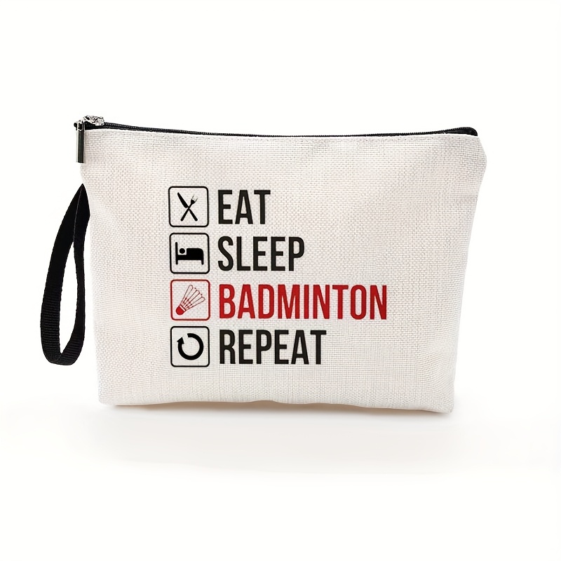 Image of 1pc Badminton-themed Polyester Makeup Bag For Women - " Badminton Repeat" Design, 6.7" X 9.9", Perfect Gift For Sports Fans, Travel Cosmetic Pouch With Zipper Closure