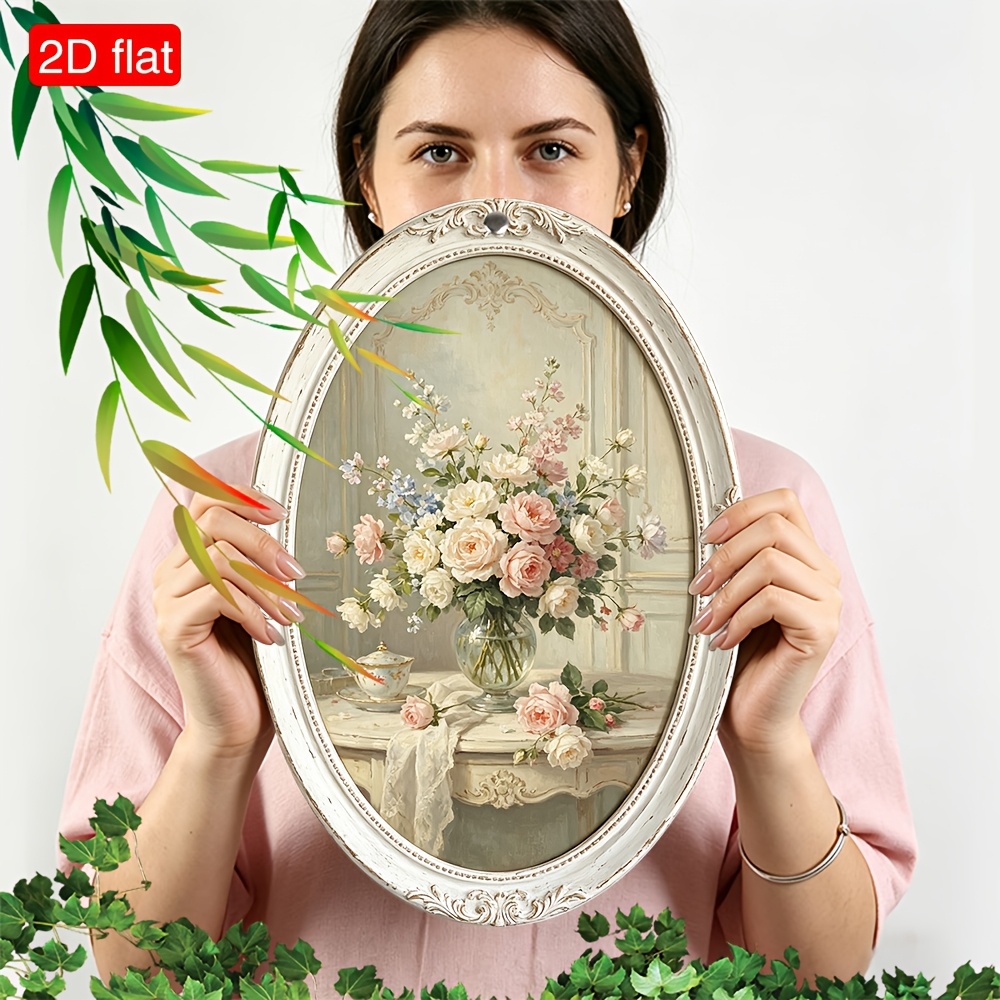 TEMU 2d Flat, Oval Floral Panel Painting - Wall-mounted Suitable For, Artificial Frame With Elegant 2d Botanical Still Life, Gift For Housewarming
