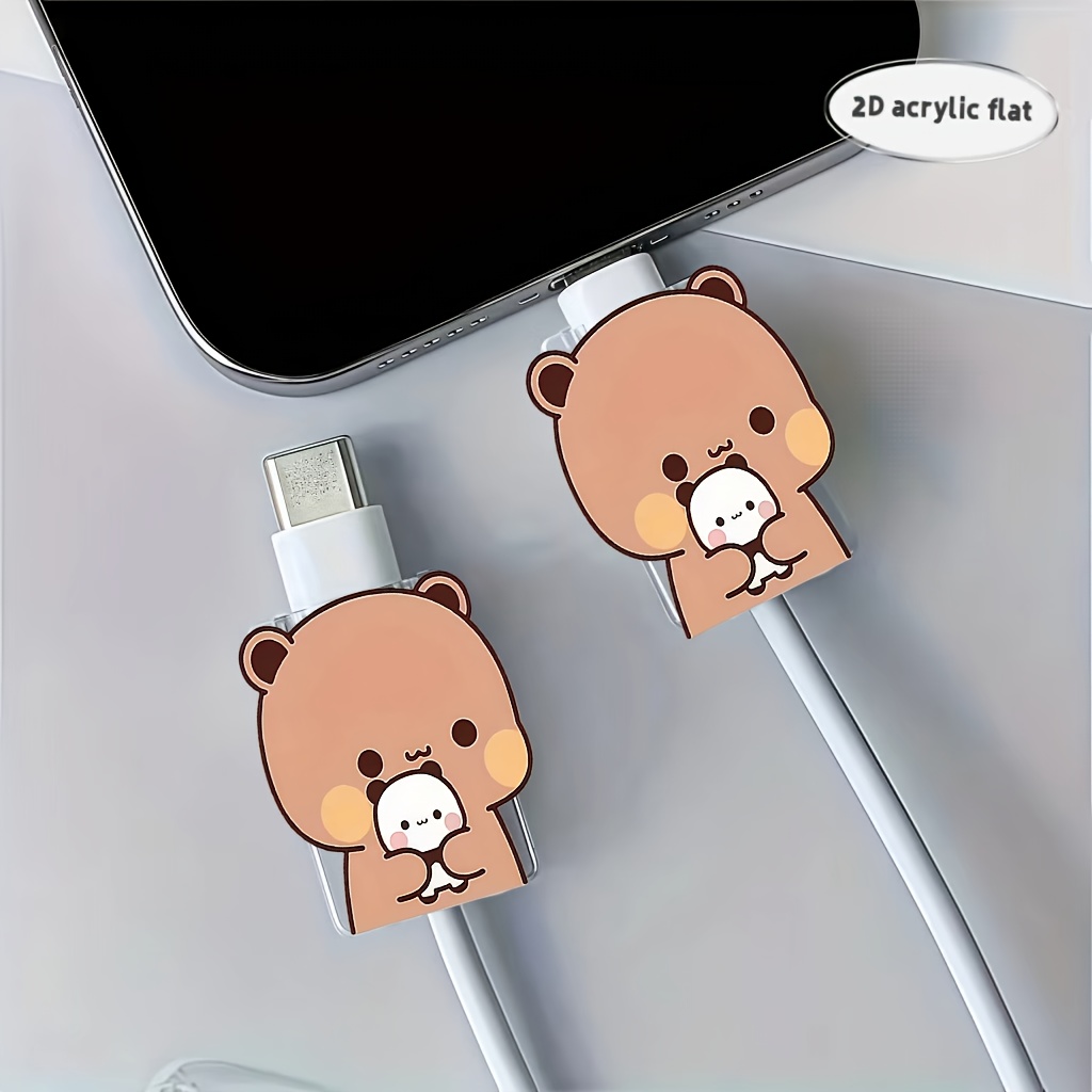 TEMU 2d Acrylic Flat 2pcs Soft Cute Bear Data Cable Protector, Anti-breakage, Type- Phone Data Cable Protector, Beautiful And Durable (no Charge)