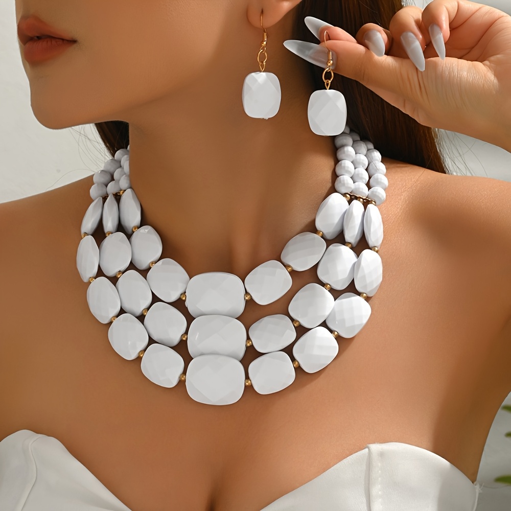 TEMU 3pcs Vibrant Jewelry Set - Square Beads Drop Earrings + Triple Layer Necklace, Suitable For Party, Prom, Wedding And Daily Wear, Beach, Vacation