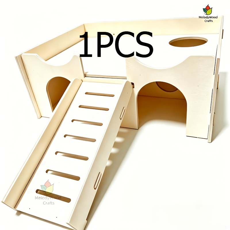 TEMU Sturdy Wooden Hamster Maze Castle Nest With Non-slip Ladder, Natural Wood Small Pet Exploration Tunnel Hideout, Suitable For Dwarf Hamsters,