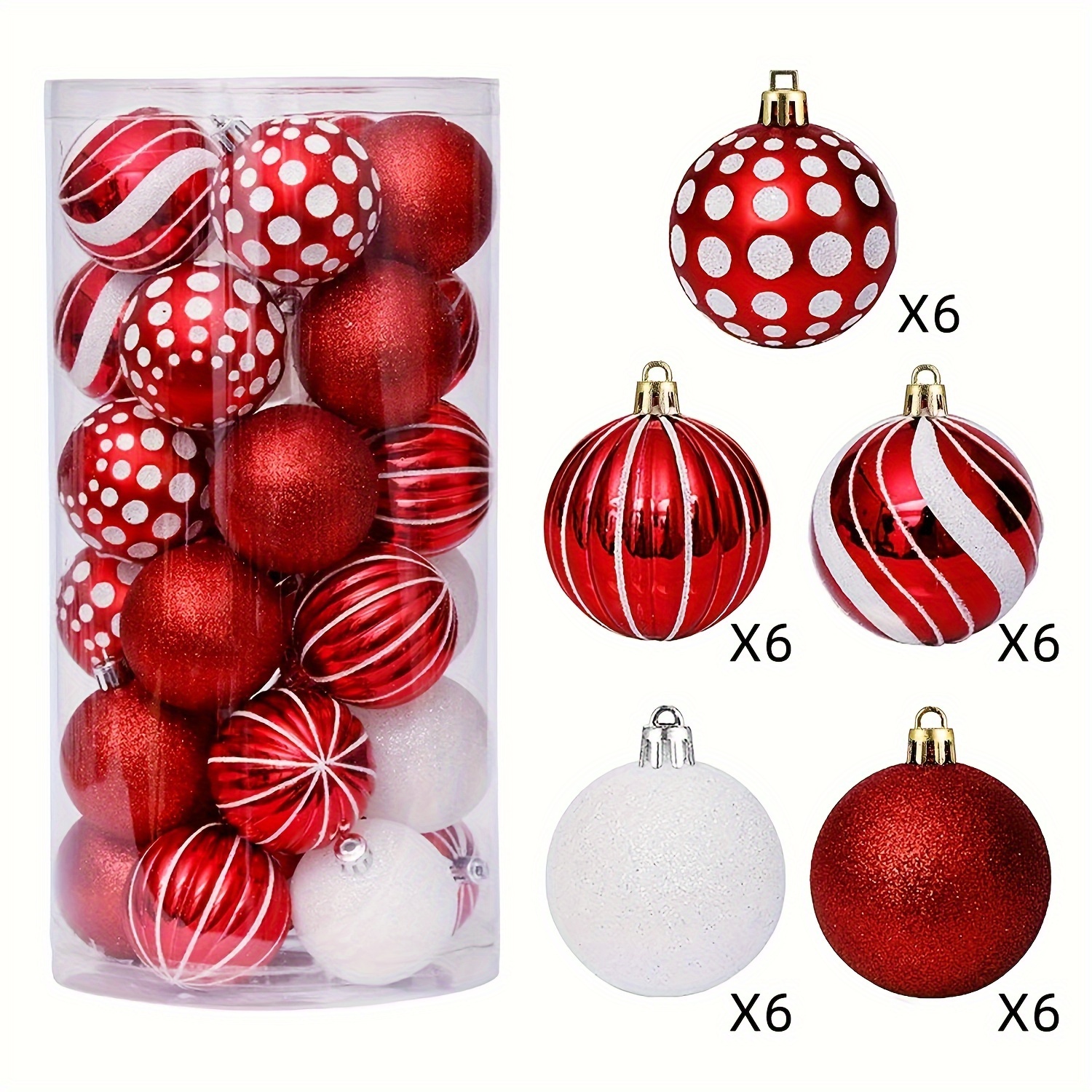 

30-pack Classic Round Christmas Ornaments, 2.37" Red And White Plastic Baubles For Tree Decoration - Perfect For Wedding, Valentine's Day, And Christmas Festivities, Assorted Textured Hangable Balls