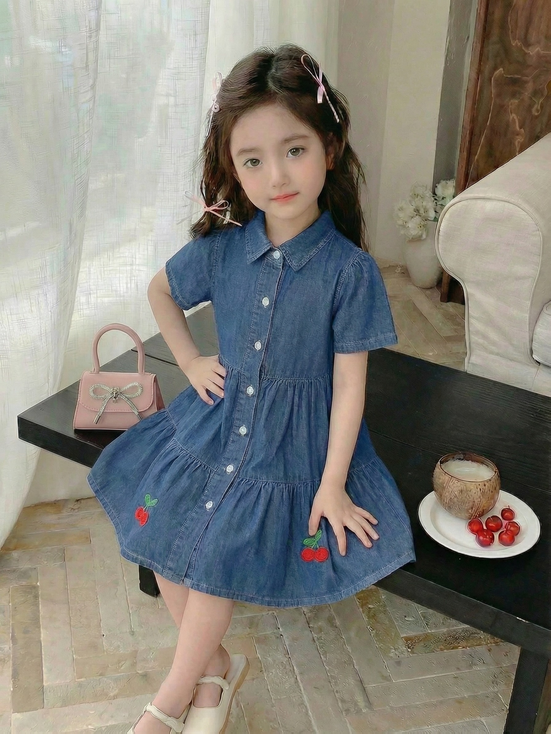 denim dress for birthday Spaghetti Strap Rosette Denim Mini Dress - EB Luxe