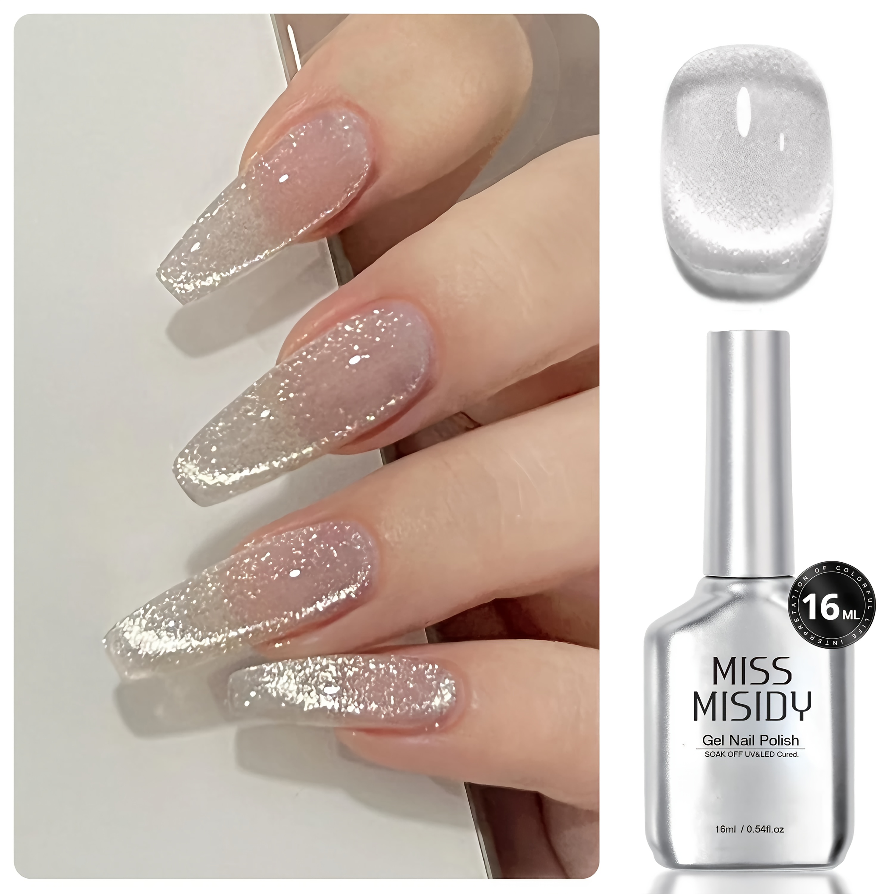 Image of Miss Misidy Silvery Cat Eye Gel Polish, 0.54oz (16ml), Holographic Glitter Shimmer Translucent Jelly Color, Magnetic Nail Polish For Salon And Diy Home Use