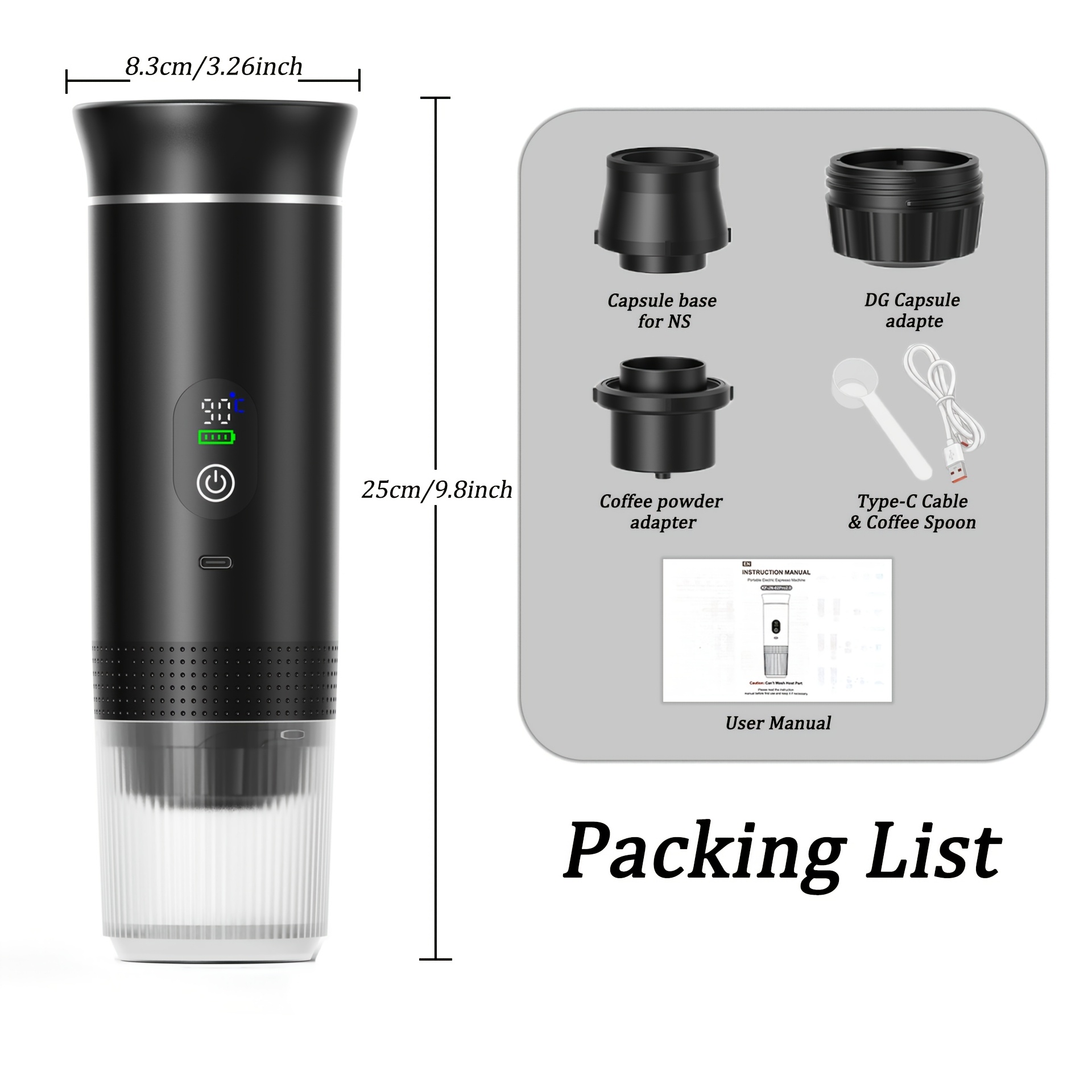 TEMU 2026 Upgraded Portable Espresso Machine With Temperature And Power Display, Usb-c Fast Charging, Self-hot And Cold Brewing, Compatible With