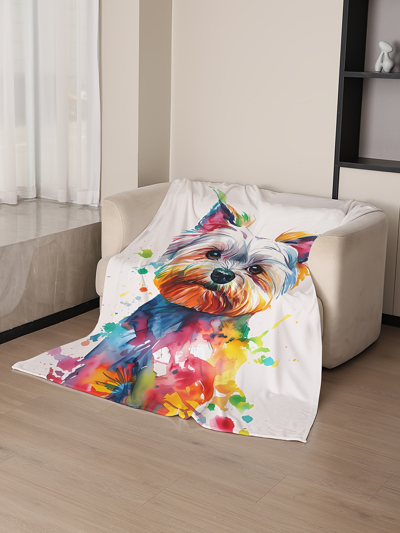 1pc contemporary dog print throw blanket   fleece   polyester knitted   with vibrant artistic canine design for sofa bed office camping   decor details 3