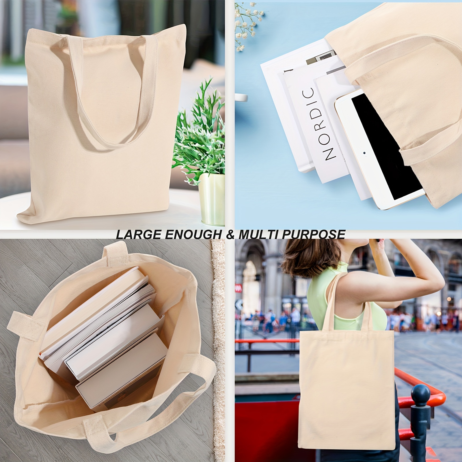 2 Pcs Reusable Large Canvas Tote Bags, Blank Multi-purpose Canvas Bags,  Suitable for DIY Project, Grocery, Shopping.