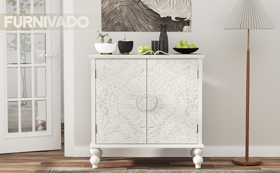 White Sideboard Buffet Cabinet with Sliding Doors View
