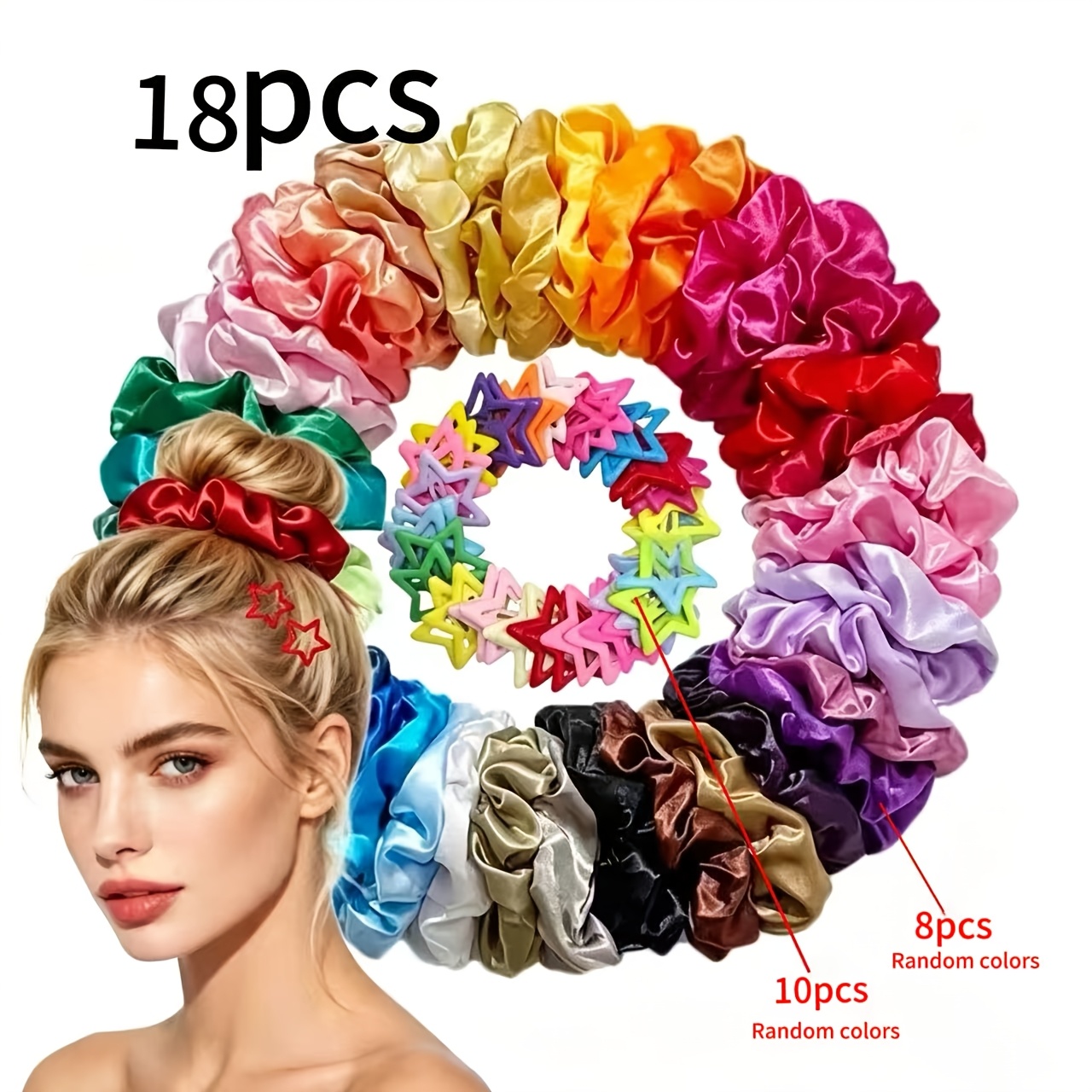 TEMU Lot de 18 chouchous en satin haut de gamme et confortables dans une palette de avec pinces étoiles de couleur dopamine pour coiffure relevée
