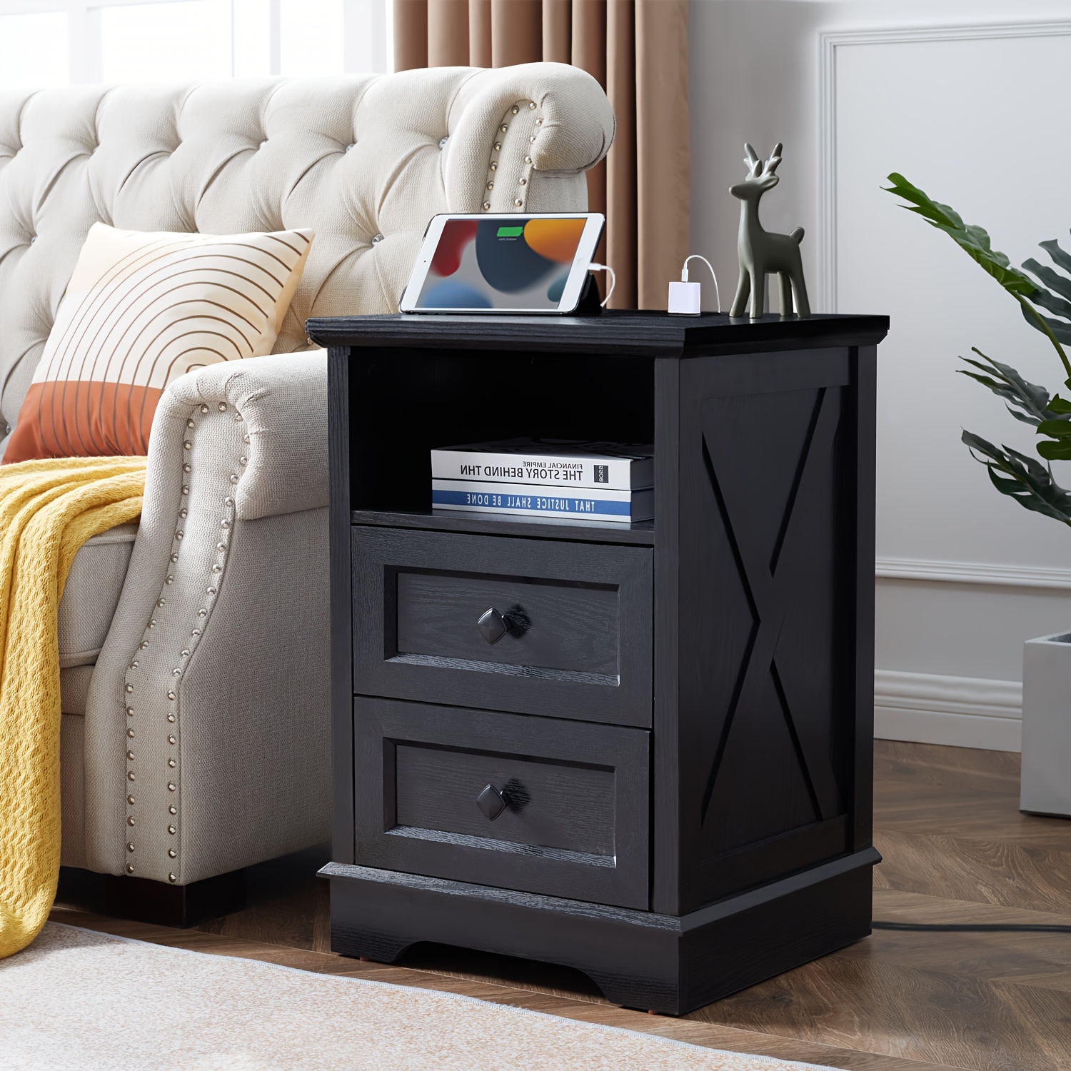 

Farmhouse End Table Wtih Charging Station, Nightstand With 2 Drawers, Side Table Storage Cabinet For Bedroom, Living Room, Wood Bedside Table, Black