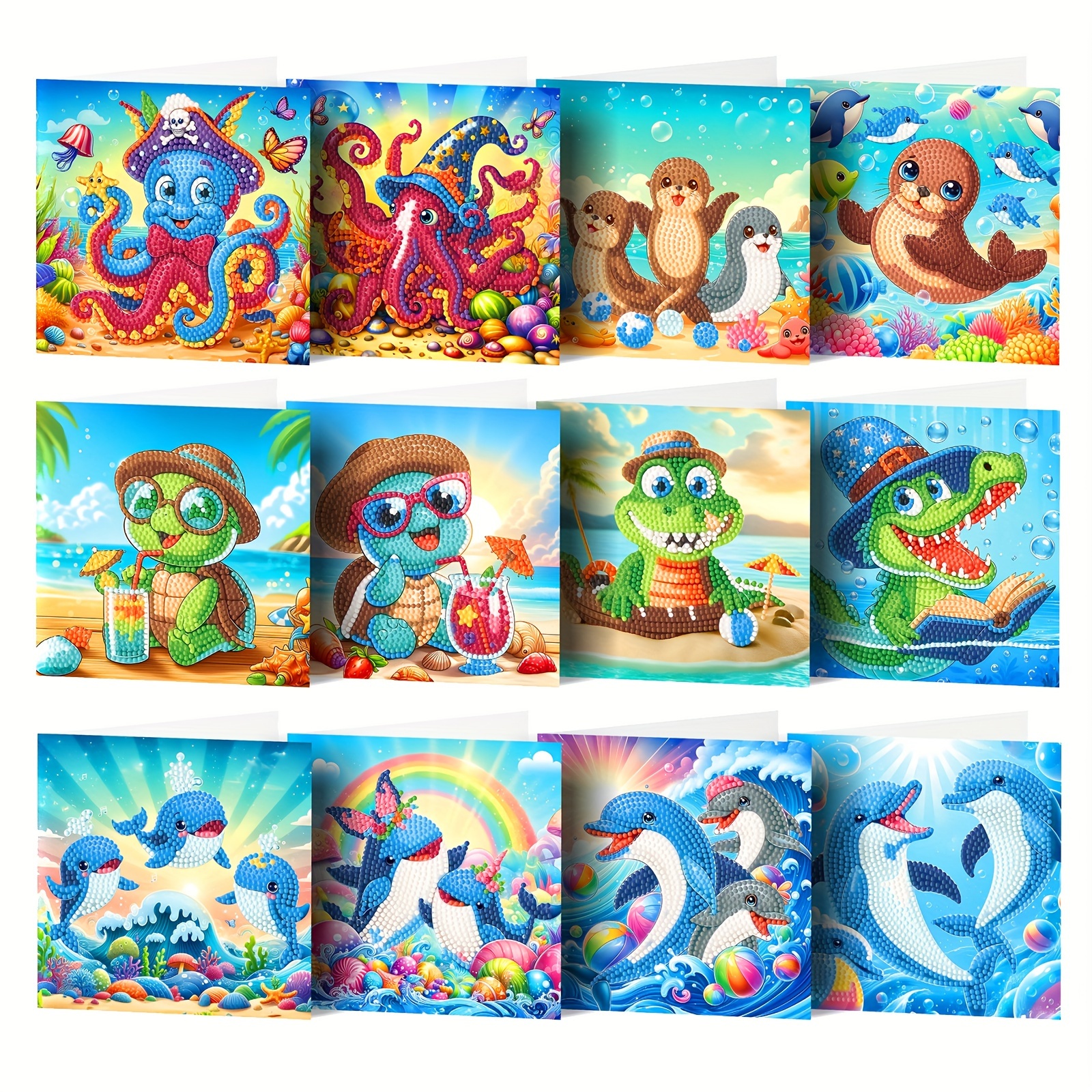 

12-piece Summer Diamond Painting Diy Greeting Cards Set - Ocean Animal Designs, Handcrafted With Round Diamonds On Paper (includes 12 White Envelopes For Personalized Messages)