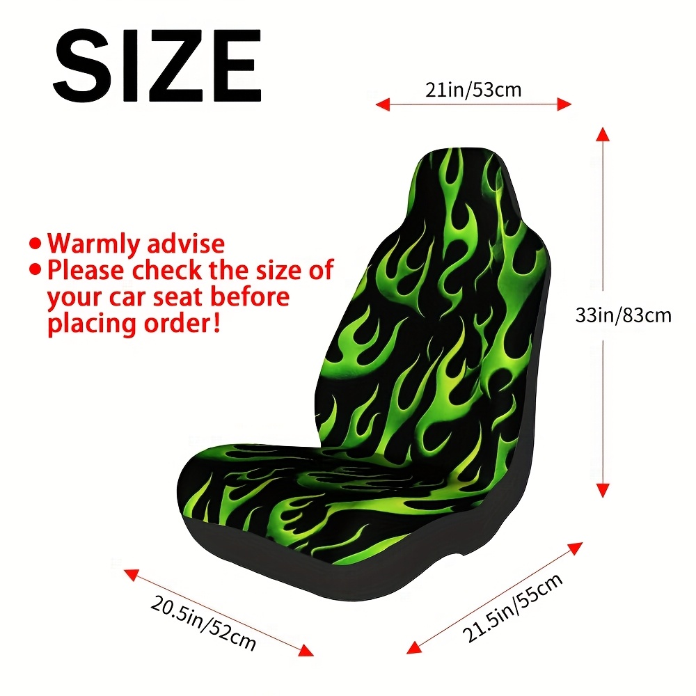 TEMU 2pcs, Decorative Neon Green Flames Pattern Auto Seat Covers, Washable Fabric, Enhances Vehicle With Beautiful Stylish Touch For Driver And