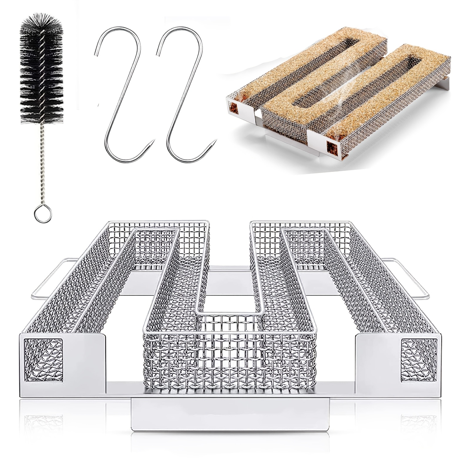 Image of Cold Smoke Generator Set With Cleaning Brush & 2 S-hooks, Stainless Steel Accessory For Grill, Box & , For Meat Smoking, Outdoor Cooking And Camping, Ideal Outdoor Camping Accessory