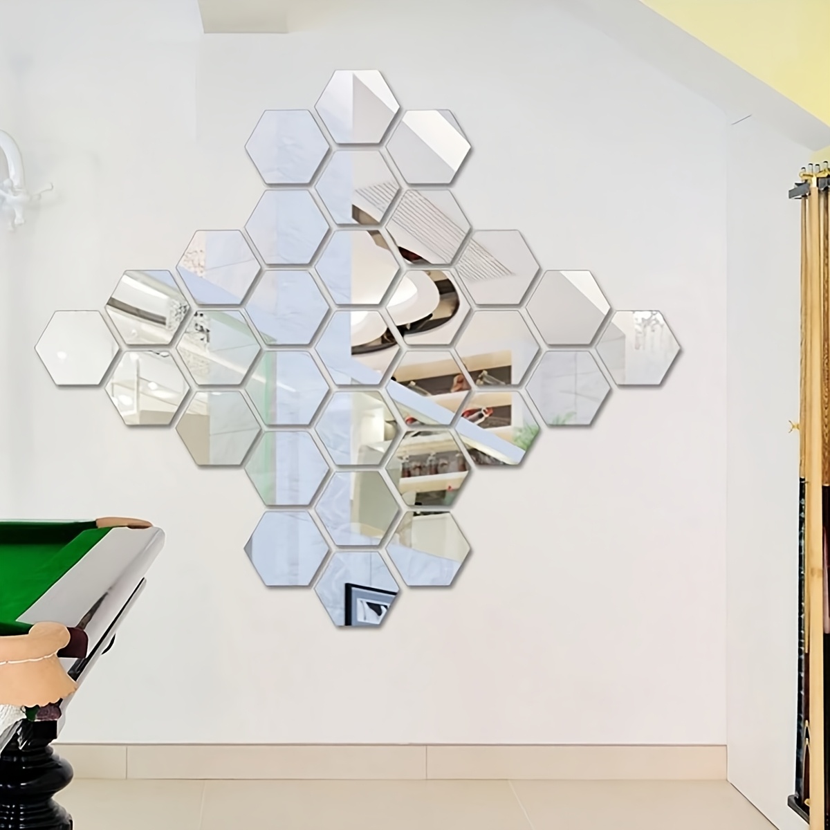 48 piezas, Adhesivos de pared hexagonales de espejo acrílico - Autoadhesivos, Espejos decorativos 3D, Dorados y plateados, Adecuados para la renovación de habitaciones, Decoración moderna de pared de fondo para el hogar