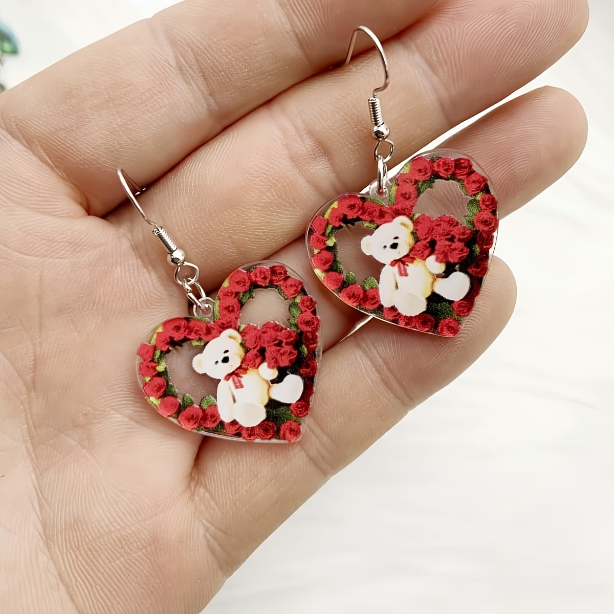 

1 Pair Elegant Acrylic Red Bear Earrings, Valentine's Day & Day Gift, , Iron Post, Wedding Accessory, No Feather