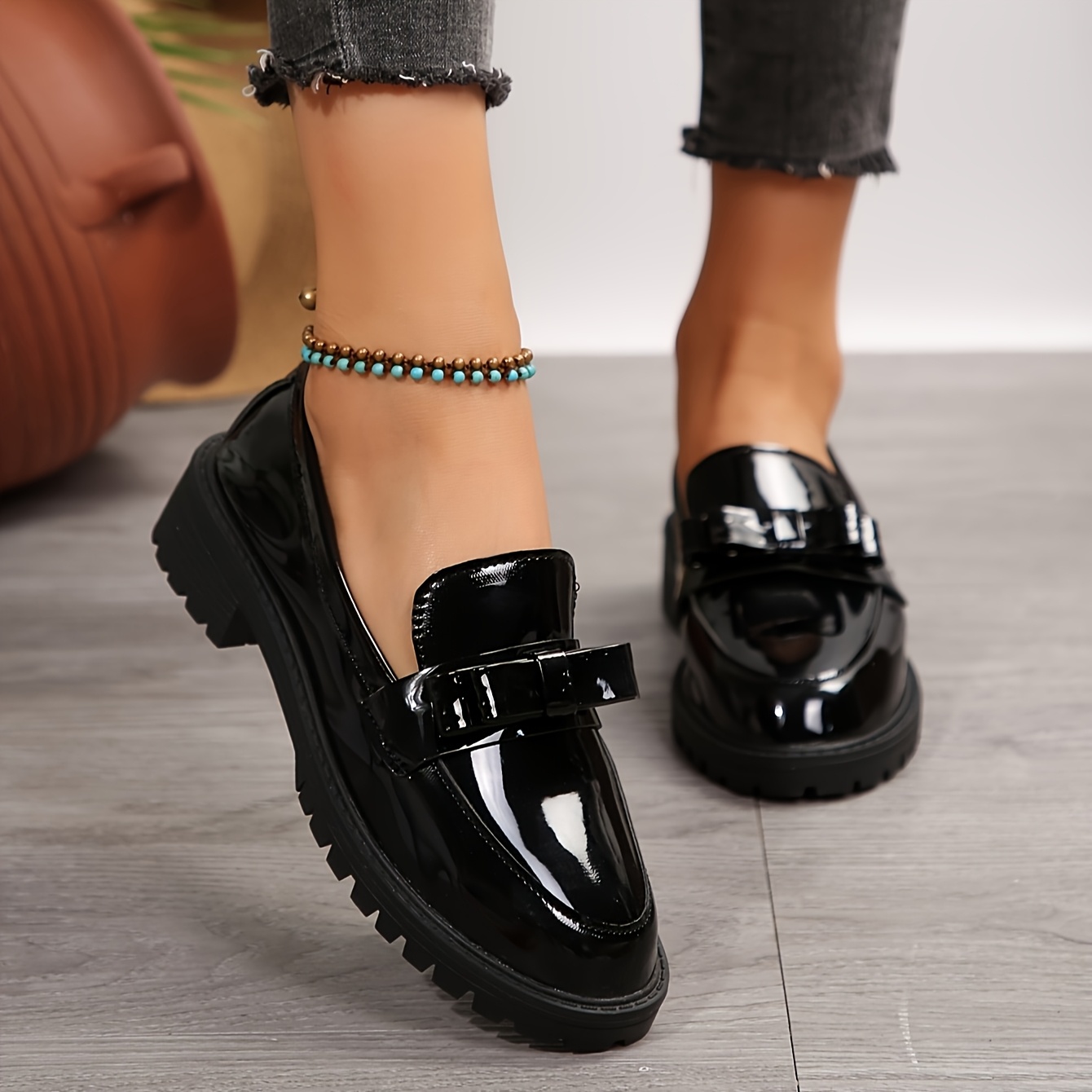womens british style glossy patent bow loafers slip on round toe lightweight dress shoes with comfortable pu sole   versatile black synthetic cover shoes for casual formal outfits