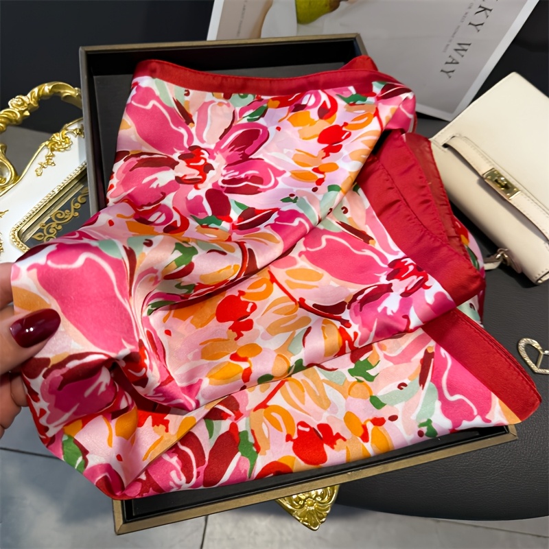 TEMU 1pc Elegant Pink Watercolor Floral Satin Scarf Soft Smooth Square Neckerchief Warm Tone Flower Print Stylish Neck Scarf For Women Suit Casual