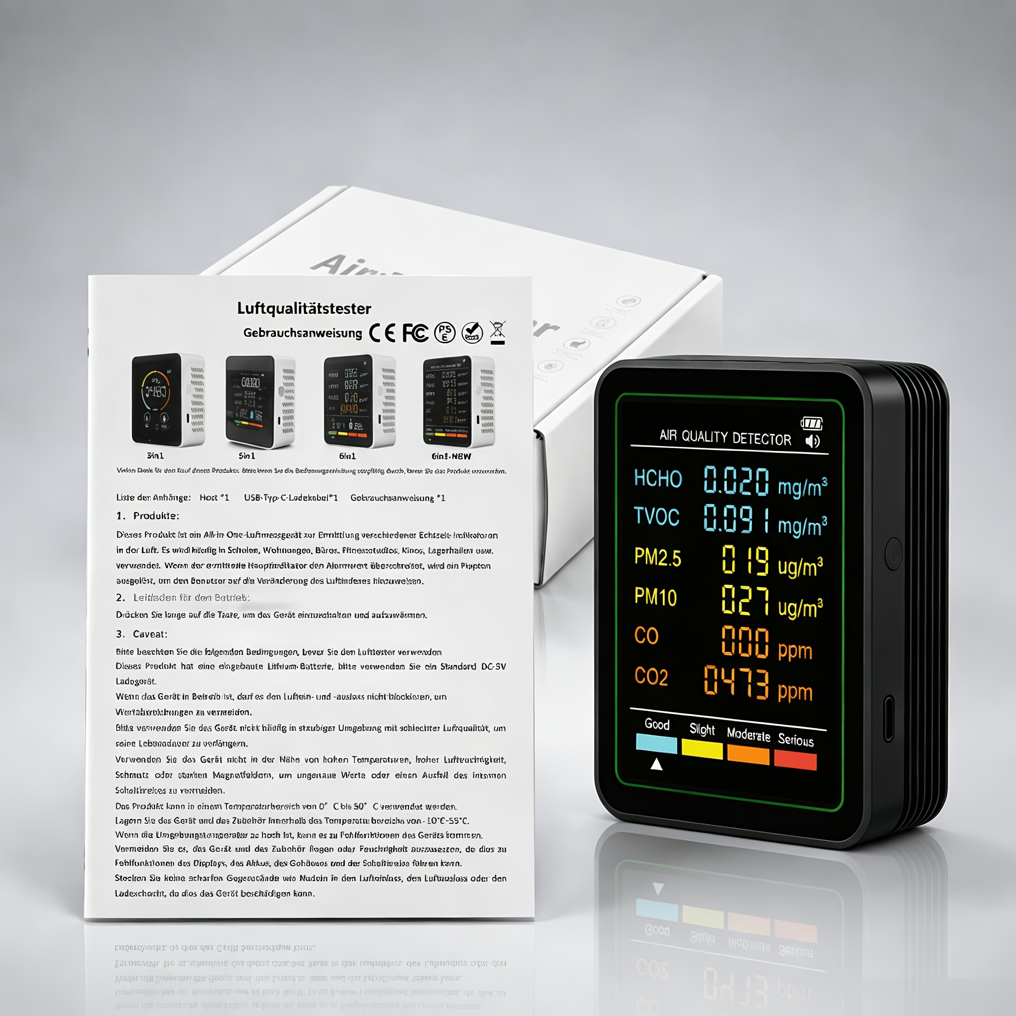 TEMU 1 Set 6-in-1 Portable Air Quality Monitor And Usb Data Cable, Measuring Air Multifunctional Real-time Monitoring Of Co/co2/tvoc/hcho//,