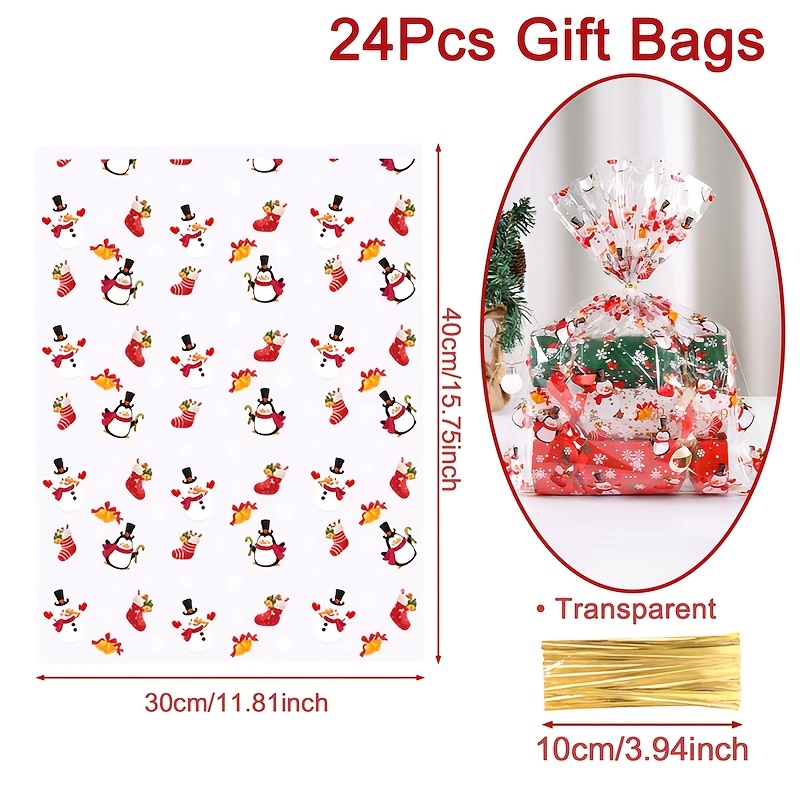 TEMU 12/24pcs Christmas Gift Bags, Snowman Xmas Stocking Designs Cellophane Treat Bags With Twist Ties, 30*40cm Transparent Gift Packaging Bags,