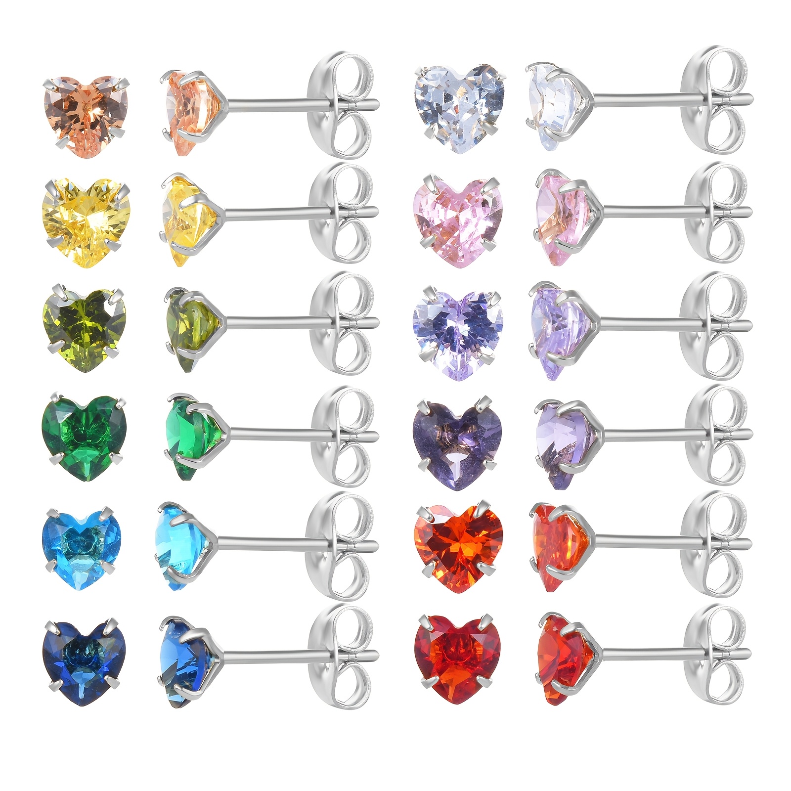 TEMU 12 Pairs 18k Gold Plated Surgical Stainless Steel Stud Earring, Heart Cubic 5a Zirconia Birthstone Stud Earrings Set
