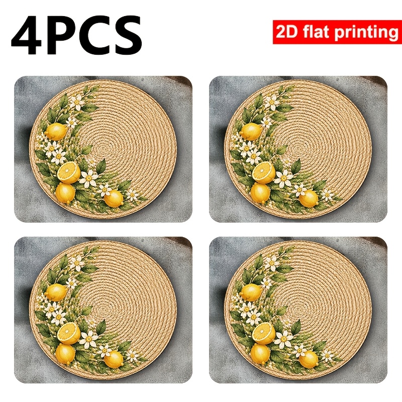 TEMU 4pcs Set 2d Flat Printing Round Placemats 15-inch Rope Weave Lemon Flower Green Theme Design Tablecloth, Suitable For Holiday Parties, Family
