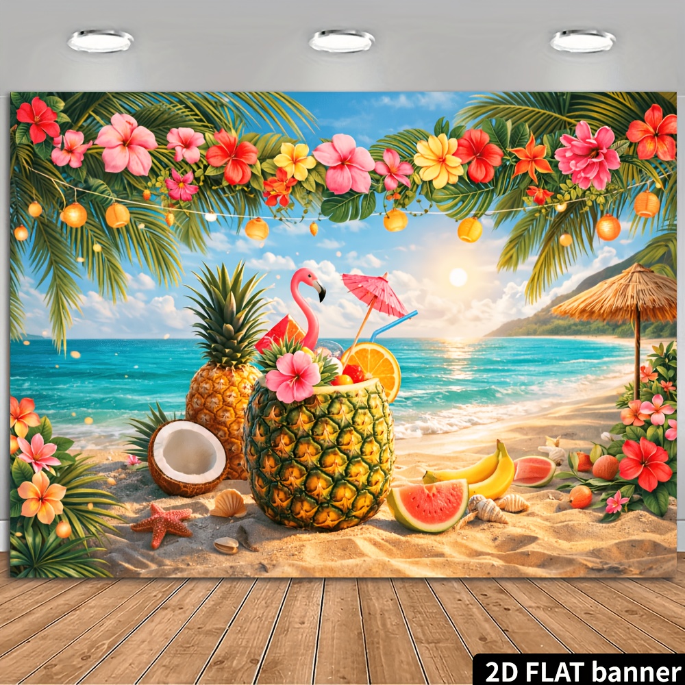 TEMU 2d Flat Tropical Beach Party Banner, Summer Beach Theme With Palm Leaves, Colorful Hibiscus Flowers, Pineapple Drink Shape, Coconut, Watermelon,
