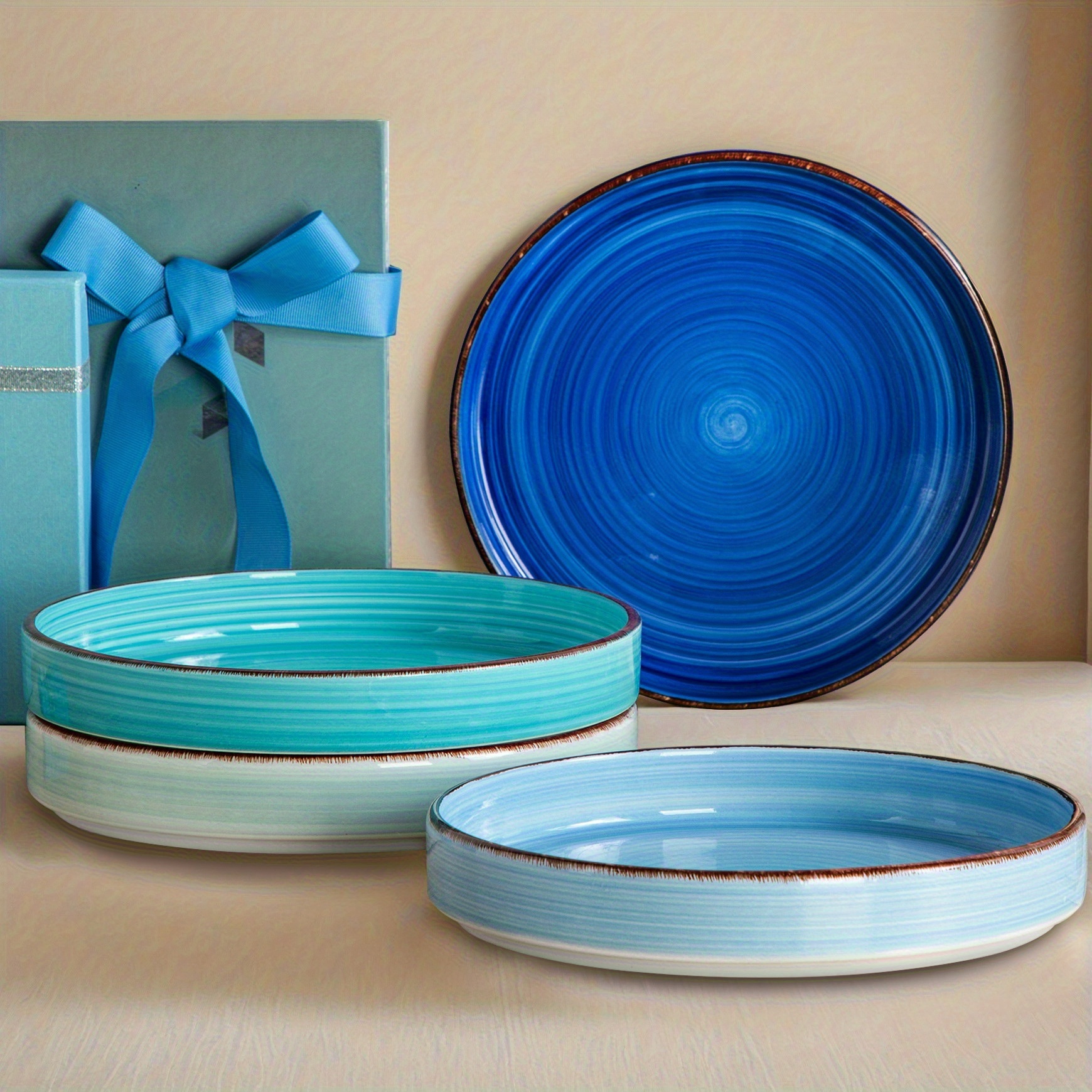 TEMU Large Pasta Bowls Set Of 4, Blue, 32oz Ceramic Salad Bowls, Wide And Shallow Bowls Set, Ceramic Salad Serving Bowls Set, Large Serving Bowls For