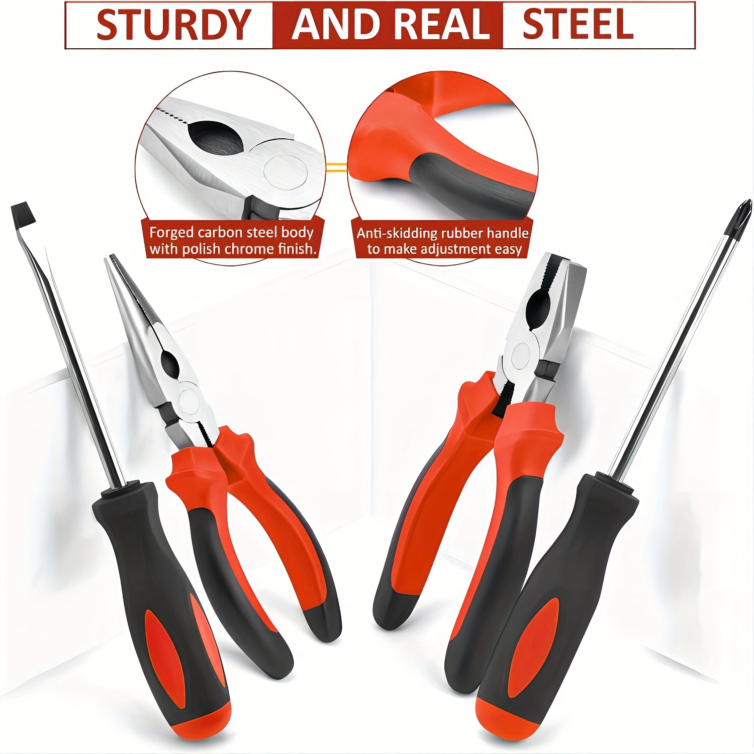 148pcs home tool kit complete hand repair set with portable case ratchet screwdriver pliers wrench tester perfect gift for diy enthusiasts men women red Product details 4