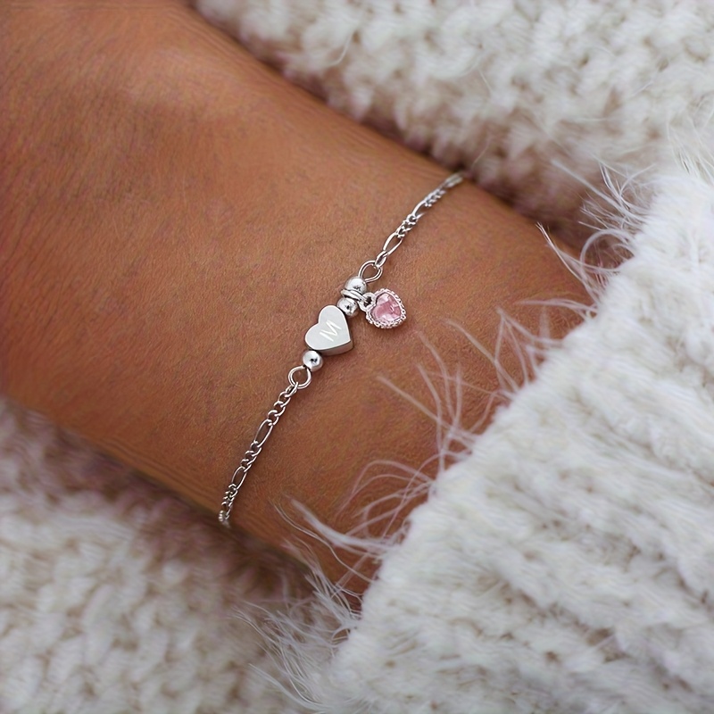 TEMU Custom 1pc Brand Fashion Heart-shaped Initial Red Heart Golden Stainless Steel Nk Chain Bracelet, Perfect Gift For Women On Birthdays, Holidays,