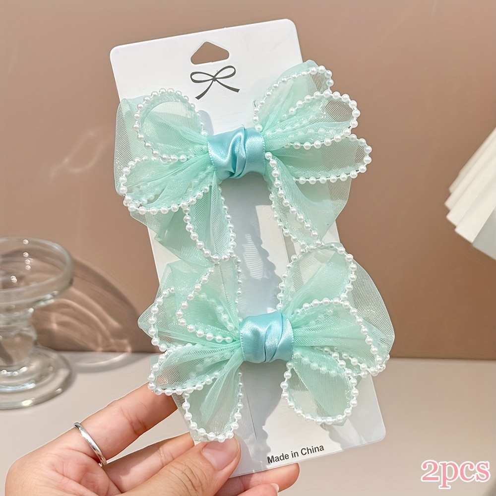 Image of 2pcs Elegant Hair Bow Clips For Daily Life Beaded Bow Hair Barrettes For Girls Colorful Tulle Bow Hair Accessories For Girls Gifts