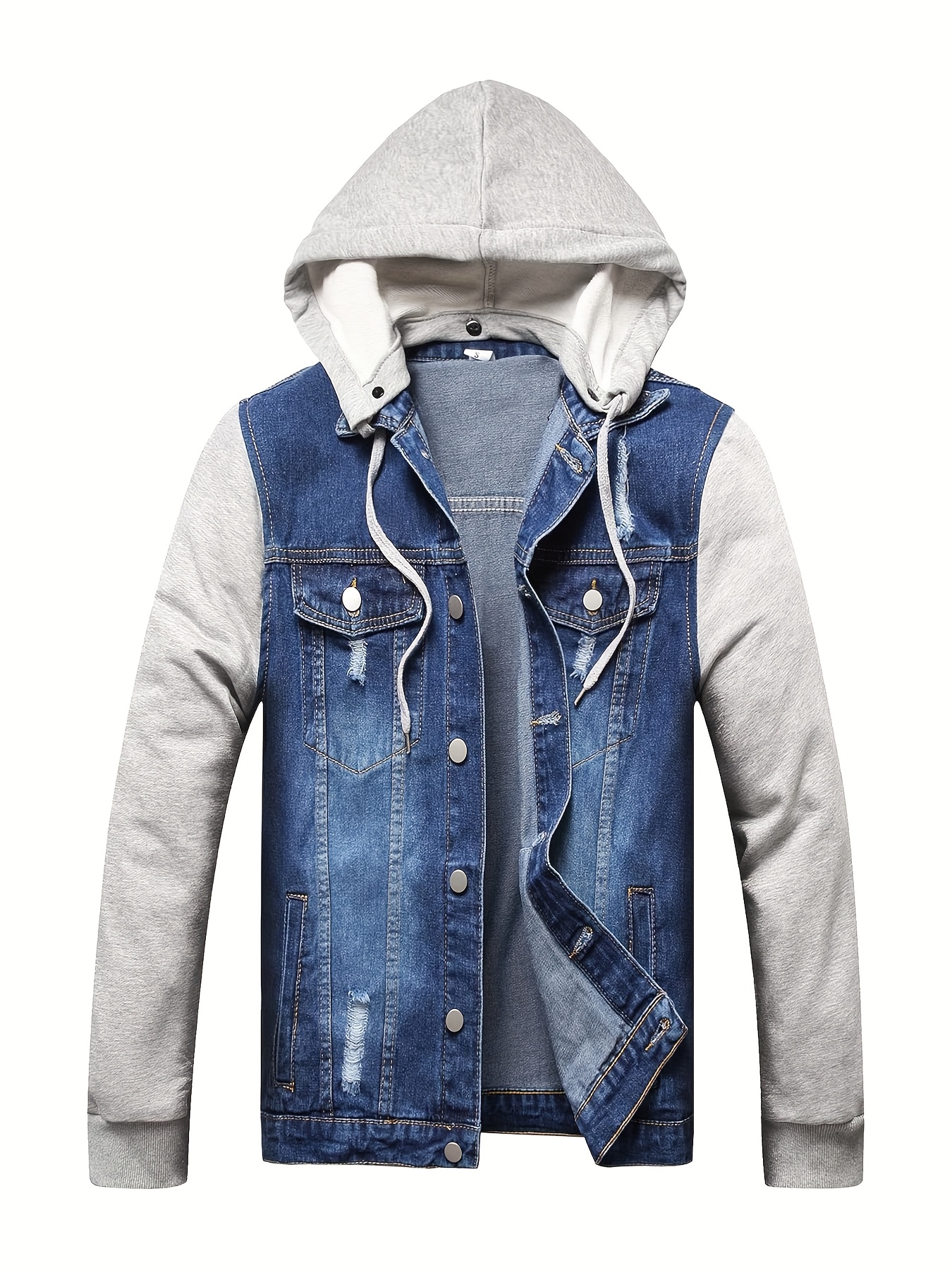 【U LAN】Chris Damage Hooded Denim Jacket Victorious Men's Distressed Fleece Hoodie Sleeve Denim Jean