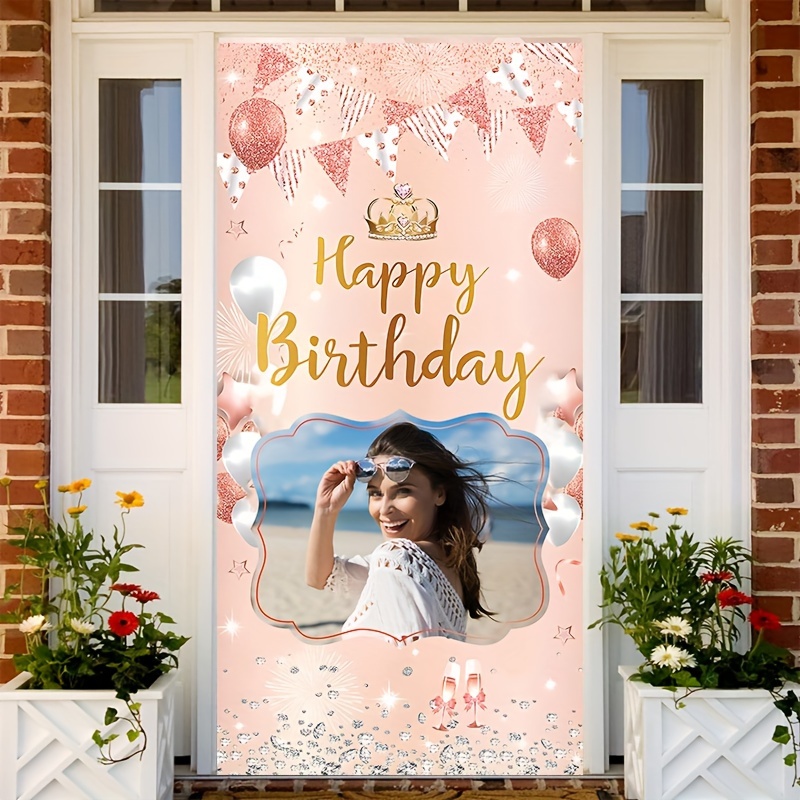 

Custom Rose Golden Birthday Door Banner - Personalize With Your Own Image, 34.6x70.8 Inch - Indoor/outdoor Decor, Photo Booth Prop & Party Backdrop