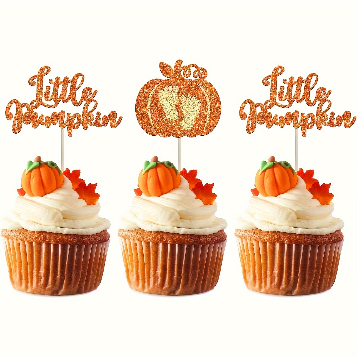 

12pcs Glitter Little Pumpkin Cupcake Toppers - Baby Shower & Birthday Party Supplies, Fall Harvest Theme Paper Cake Decorations, No-feather, Electricity-free Accessory For Desserts & Party Favors