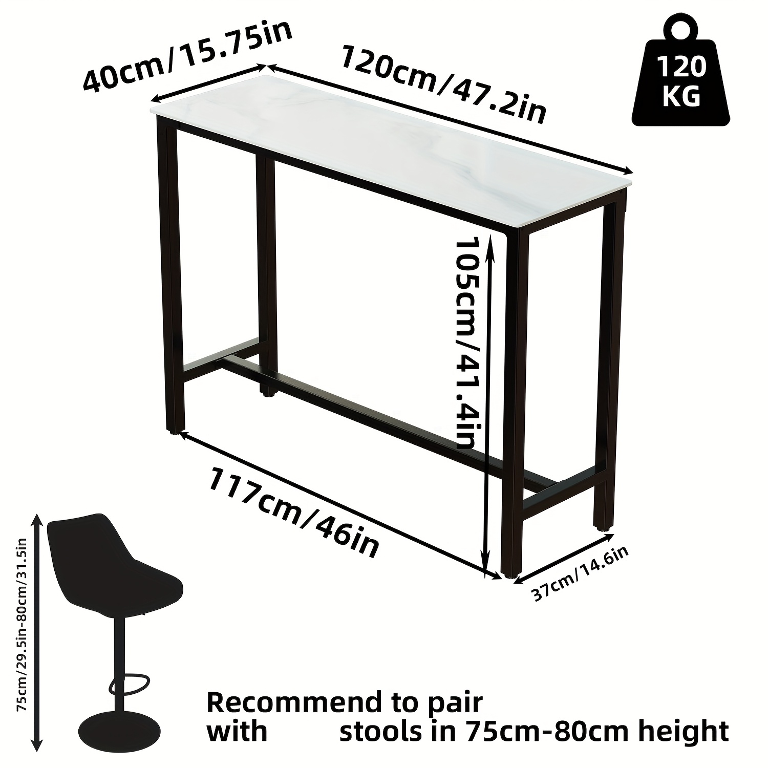 AESOME Counter Height Table Rectangle Sintered Stone Tabletop 47.2in Narrow Long Kitchen Dining Table 41.4in High Top Table Living Room Furniture, Sturdy Metal Frame