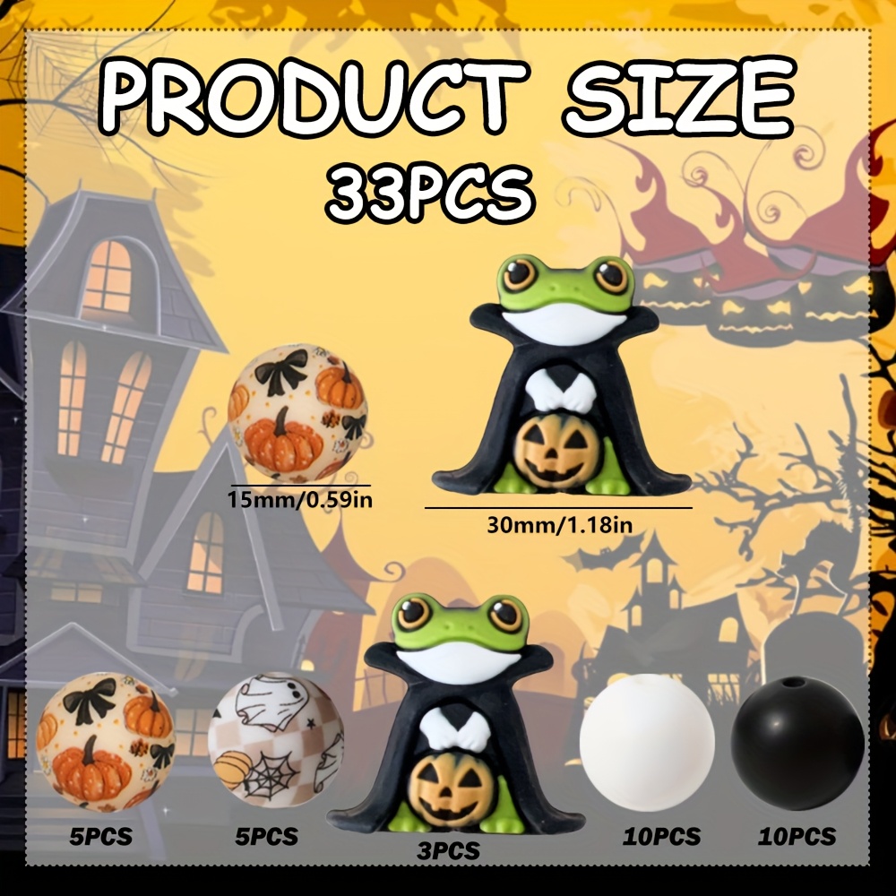 TEMU 33pcs Halloween Charm Beads - Cute , Frog, And Pumpkin , Green And Black Decorations, Suitable For Diy Crafts, Keychains, Bracelets, Party