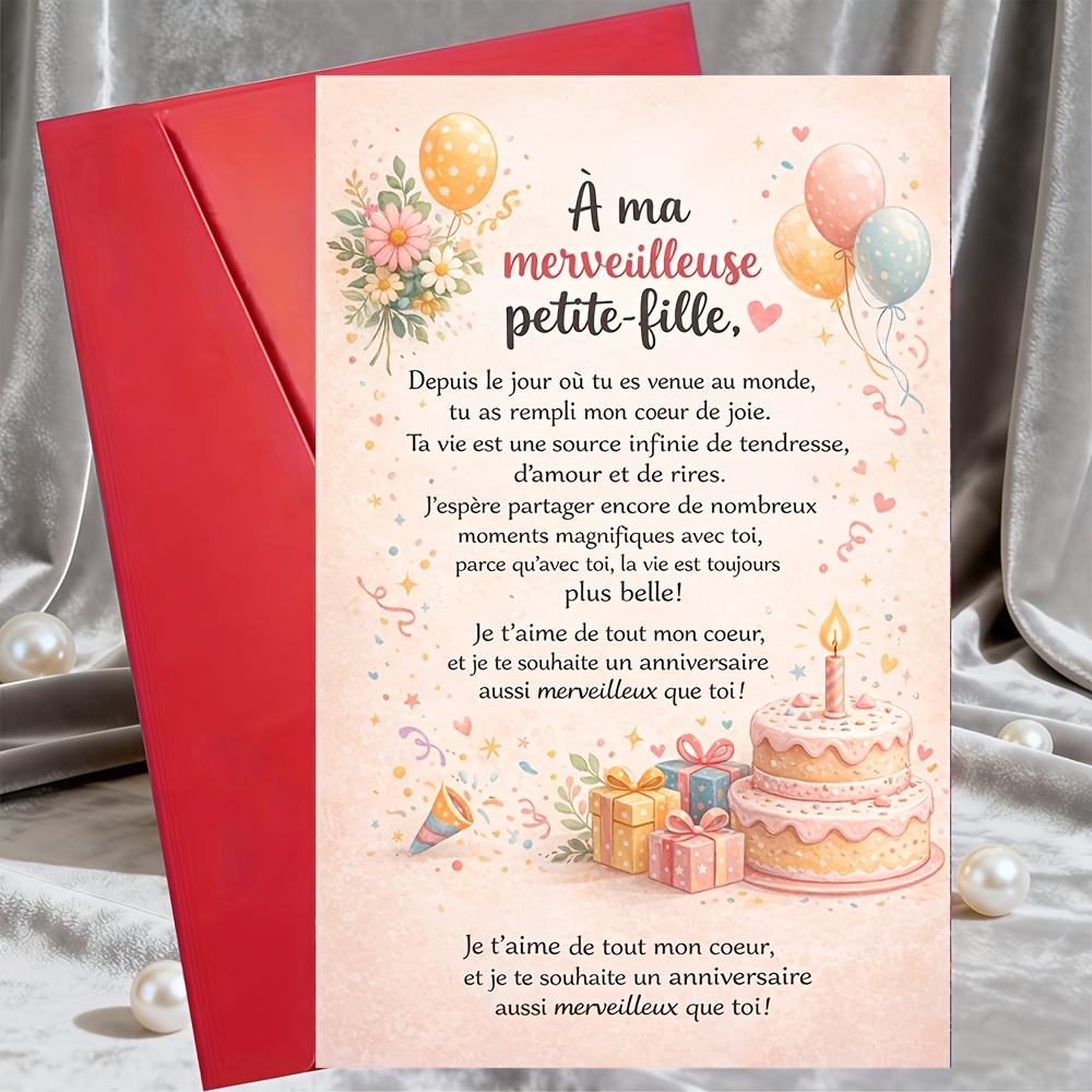 TEMU Une carte d'anniversaire pour une petite-fille de ses grands-parents, avec un motif floral français avec des ballons et un gâteau, parfaite pour