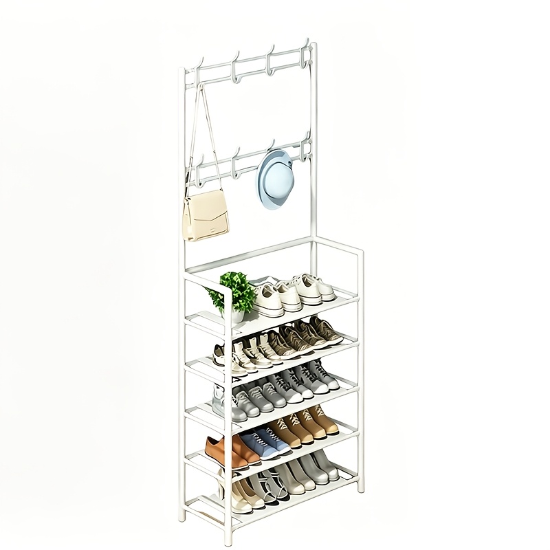 TEMU Scarpiera a 5 ripiani in metallo con 8 ganci multifunzionali, un versatile scaffale portaoggetti da progettato per scarpe, cappotti, e borse.