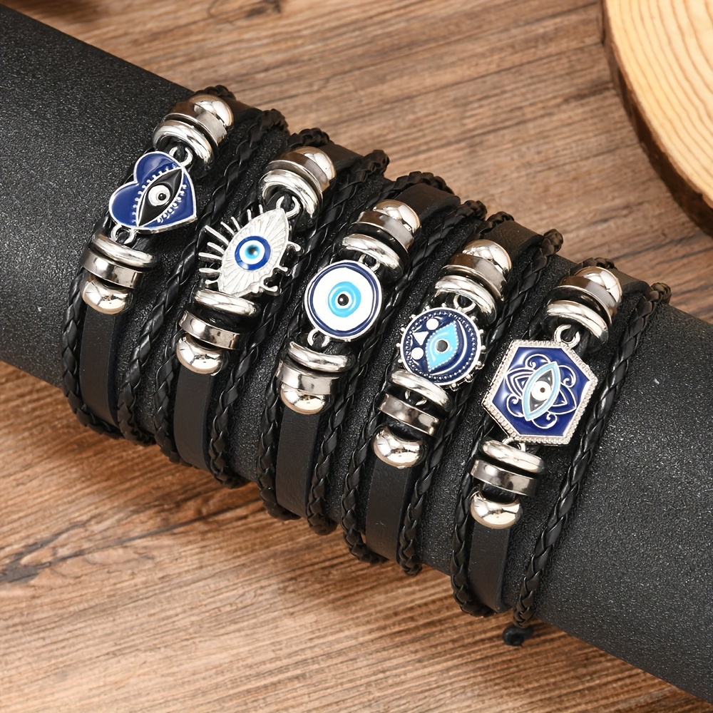 E-shop 5-teiliges Set verschiedener Dämonenblumen-Brillenzubehör, PU-Leder Hip-Hop-Trend-Armreifen-Set für Herren mit verstellbaren Armbändern