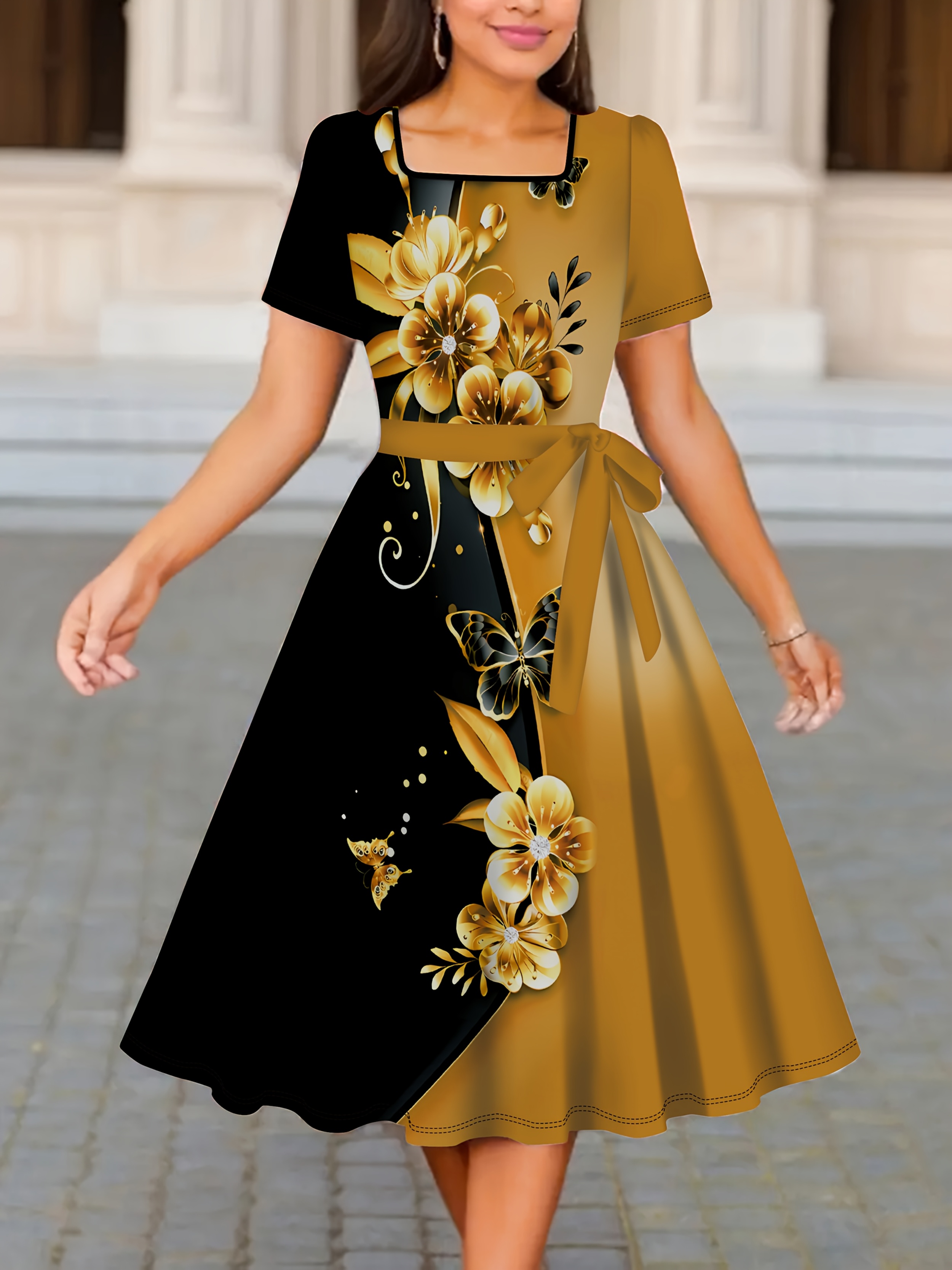 Women's Elegant Vintage Floral * Neck Dress - Black \u0026 Mustard Yellow * with  Golden Butterflies womens elegant vintage floral neck dress black - Temu United Arab Emirates