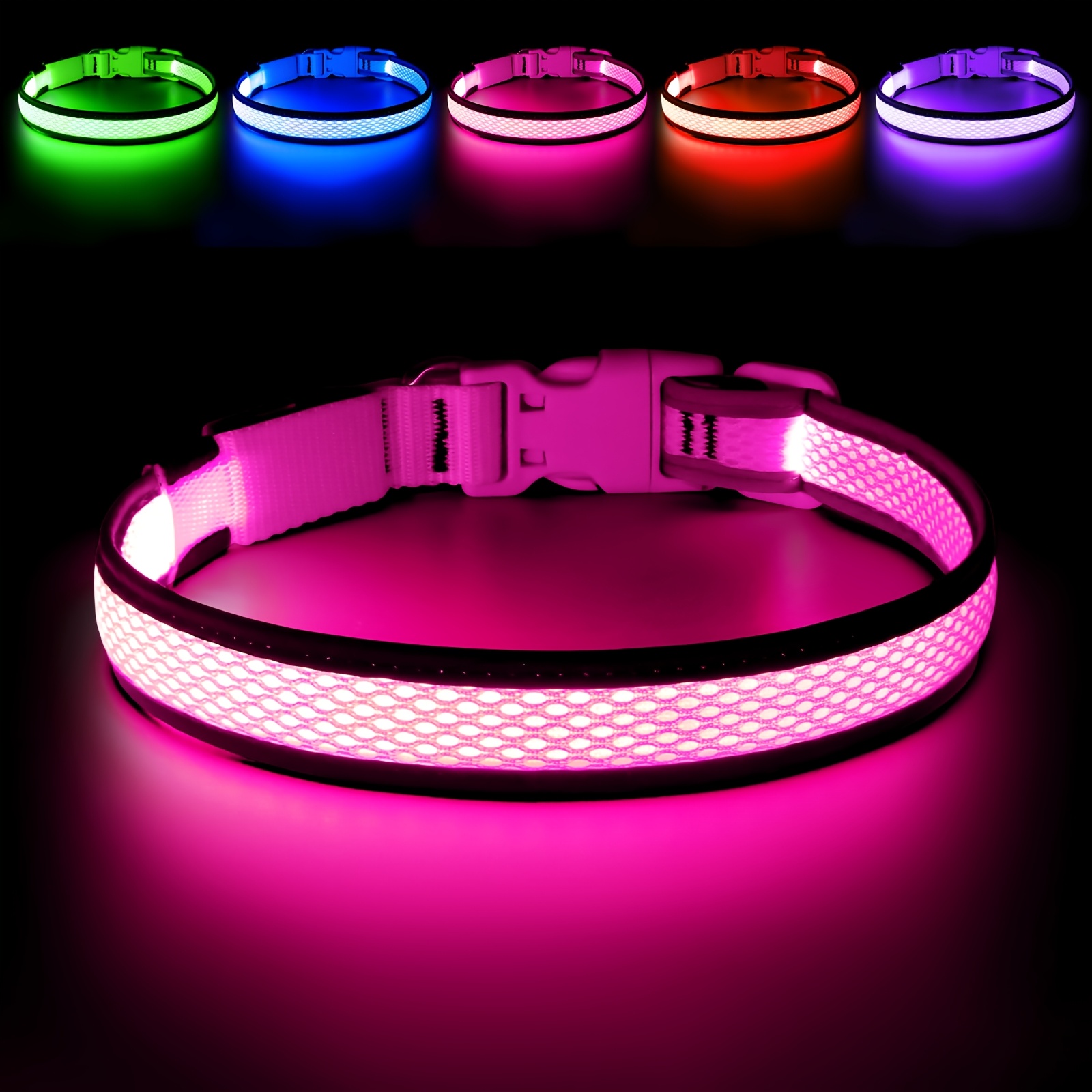 TEMU Usb Rechargeable Led Dog Collar Adjustable, Comfortable, Soft Mesh For Small, Medium And Large Dogs; Features 6-color Led Strips, Usb Charging,