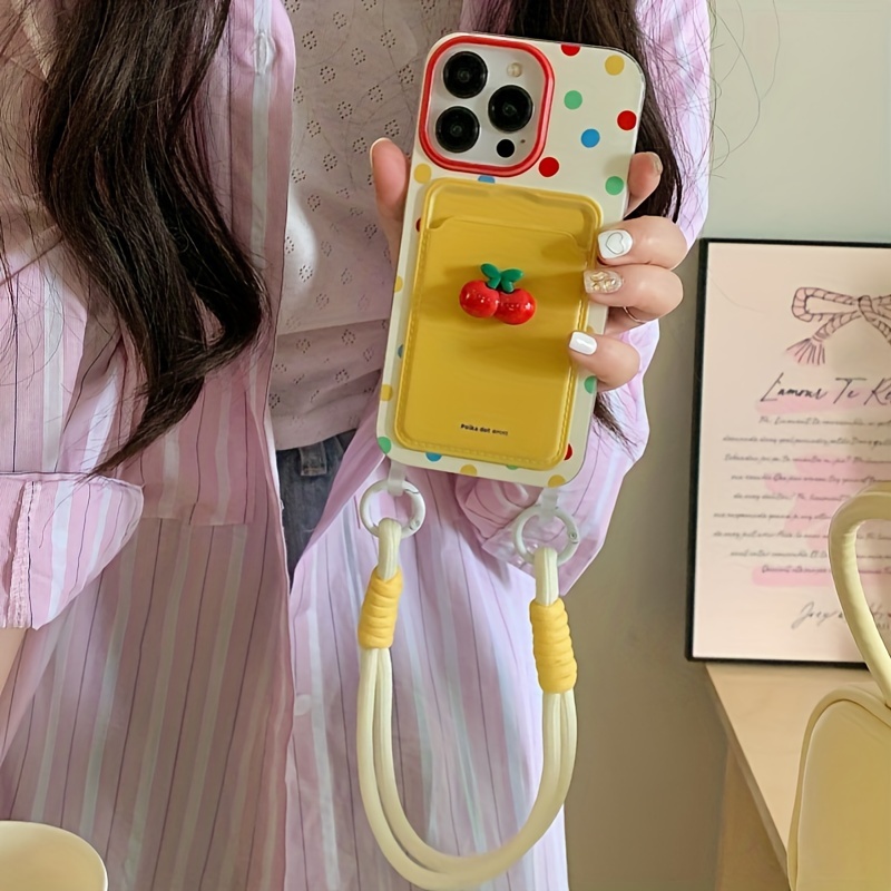 

Card Holder Painted Colorful Polka Dot Three-dimensional Cherry Mobile Phone Case With Lanyard Suitable For 11 12 13 14 15 Pro Max