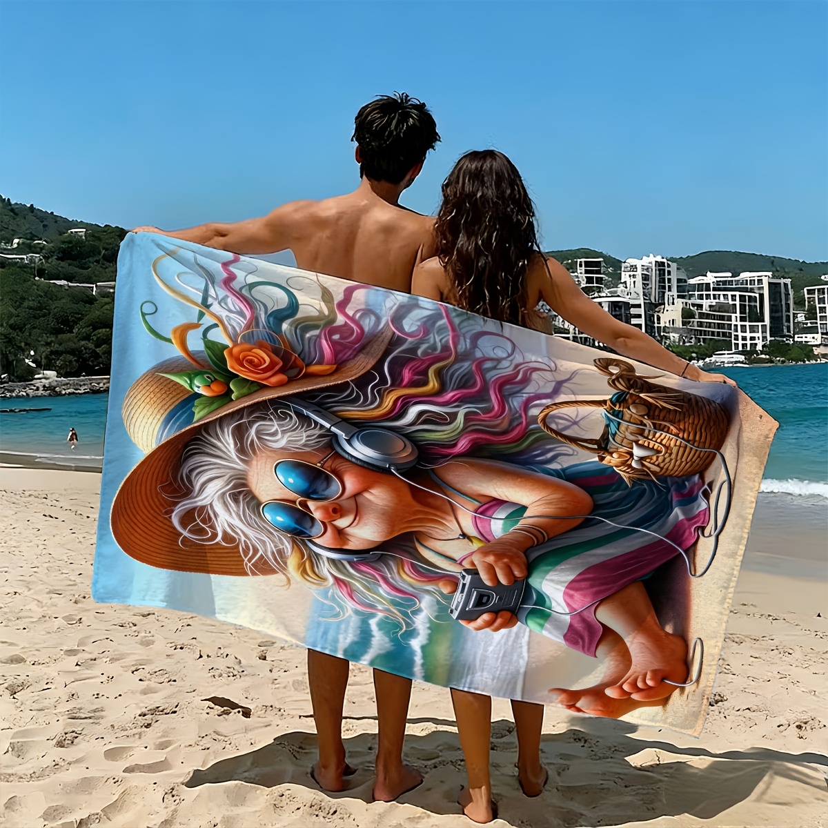 TEMU 1pc Casual Old Lady Printed Beach Towel, Holiday Party Souvenir, Birthday Anniversary Gift | 2d Flat Print, Soft And Lightweight, Quick-drying